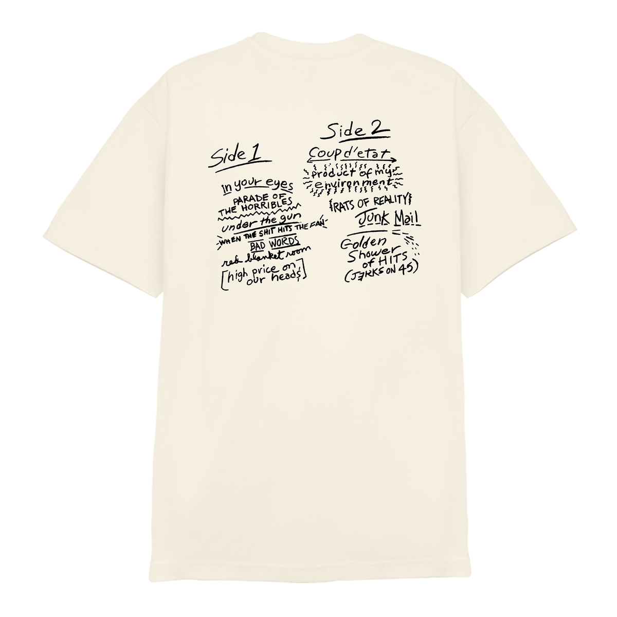 A cream Comfort Colors t-shirt by Circle Jerks features handwritten black text on the back, arranged like an album tracklist inspired by Golden Shower of Hits with Side 1 and Side 2, each song title in a casual, sketch-style font.