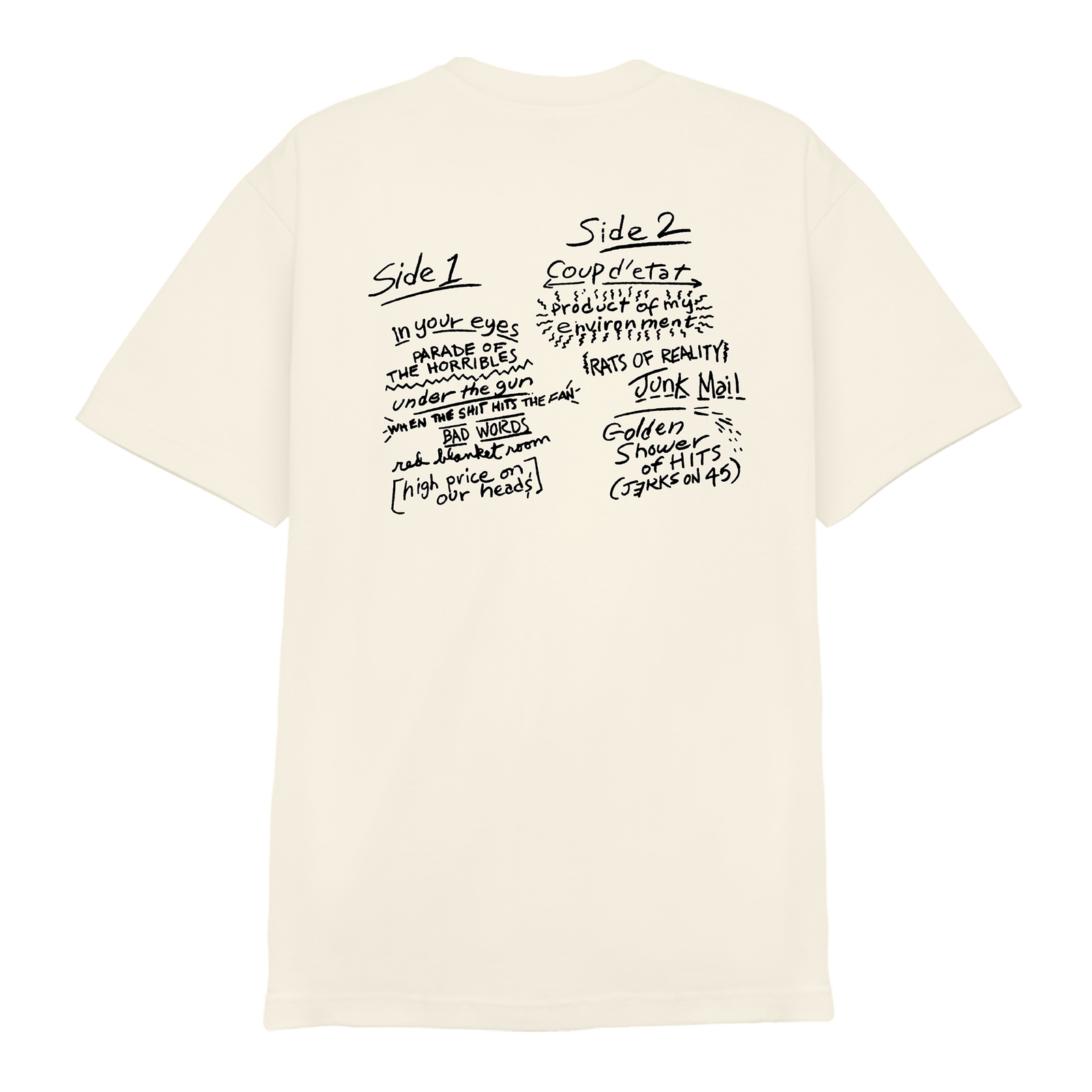 A beige Circle Jerks Comfort Colors T-shirt with cartoon art of a person urinating on a wall, bold graffiti-style "Circle Jerks" and "Golden Shower of Hits" text, capturing a true punk rock vibe.