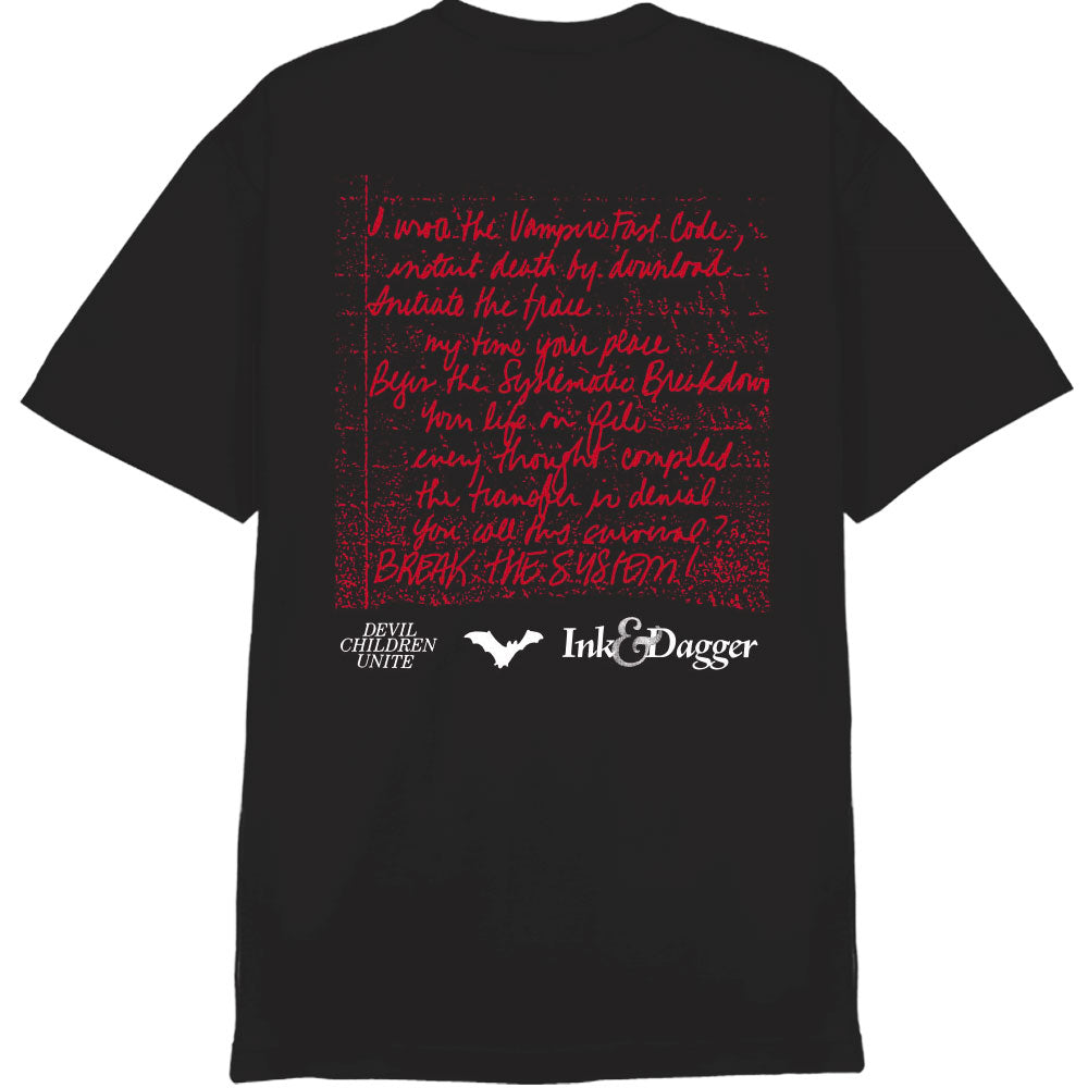 A black Ink & Dagger Comfort Colors shirt features red handwritten-style text and white logos on the back, including a bat graphic and "Devil Children Unite" and "Ink & Dagger" in white at the bottom.