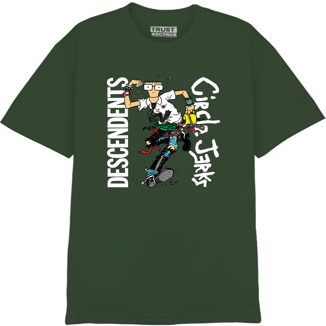 An Ivy Green Circle Jerks T-Shirt with cartoon art of a character holding a broken guitar, DESCENDENTS written vertically, and Circle Jerks in white stylized text on the front. Great for punk fans.