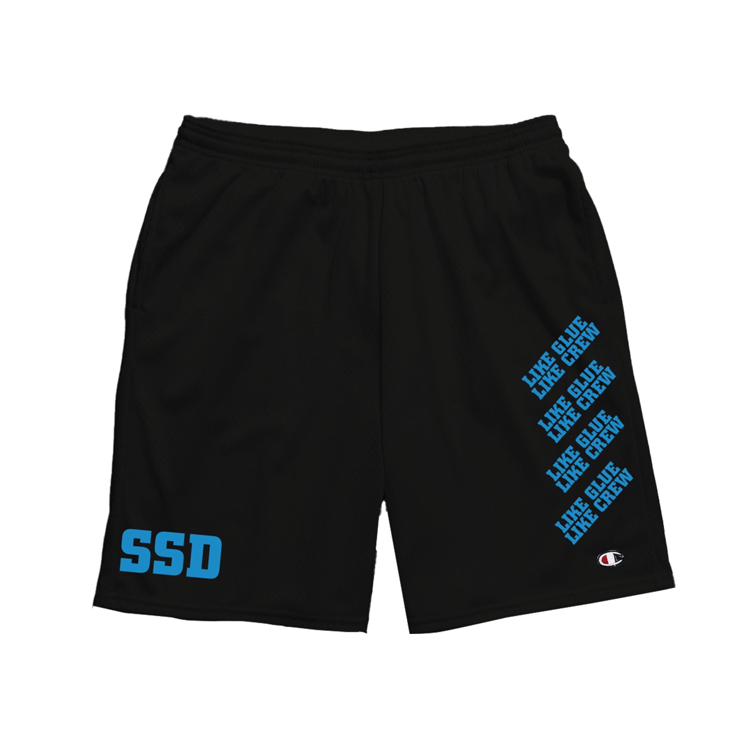 Black Champion mesh shorts by SS Decontrol feature blue SSD text silk-screened on the left leg with repeated blue phrases diagonally on the right, and a Champion logo below the text.