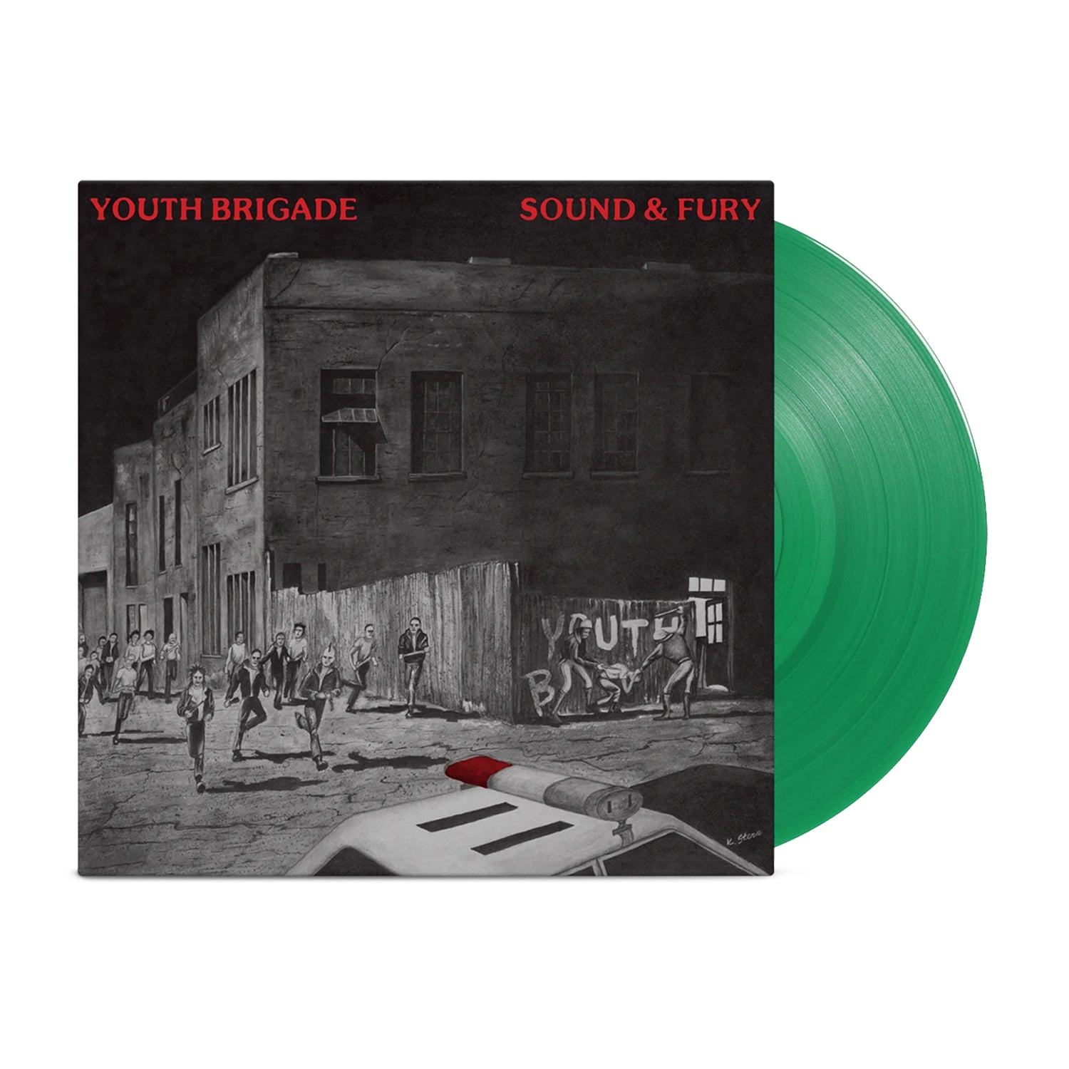 The image shows the remastered album cover for Youth Brigades Sound & Fury on limited edition green vinyl, featuring artwork of people running near a police car and graffiti reading Youth Brigade on a wall.