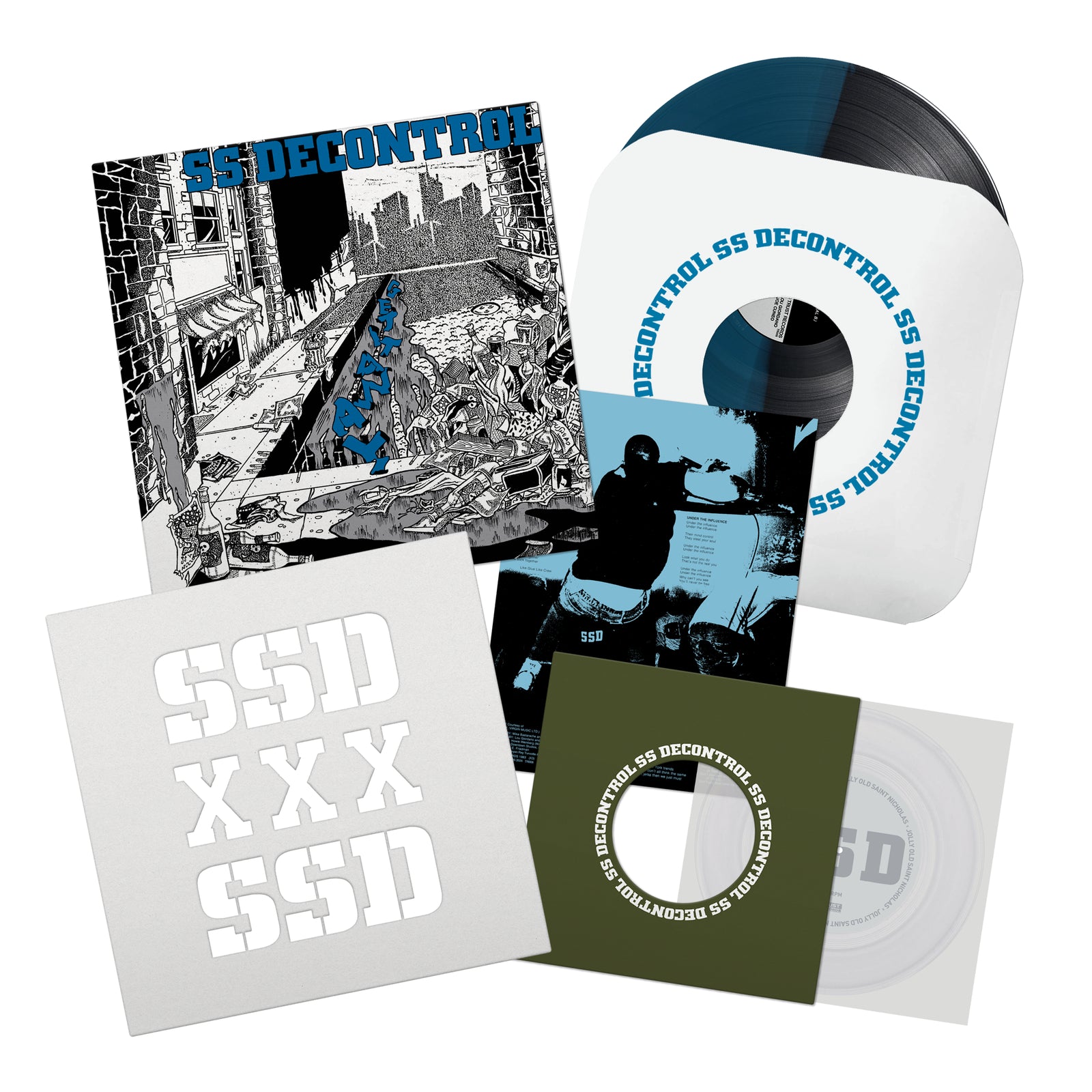 Album cover for SS Decontrol Get it Away vinyl, showing black and white chaotic city street art with debris. The blue band name appears at the top, and a vinyl record slides out on the right. Packaging by Bryan Ray Turcotte.