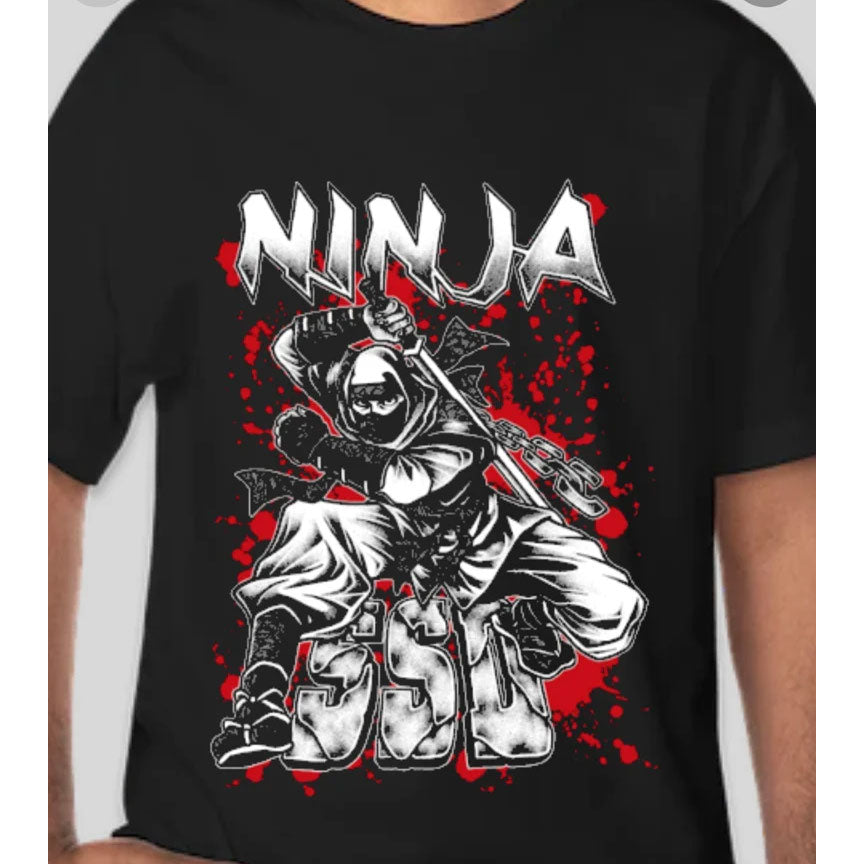 A premium black 5180 Haynes heavyweight tee by SS Decontrol features a ninja with swords amid red splatter. NINJA is boldly printed above, with large, stylized SSS lettering below.