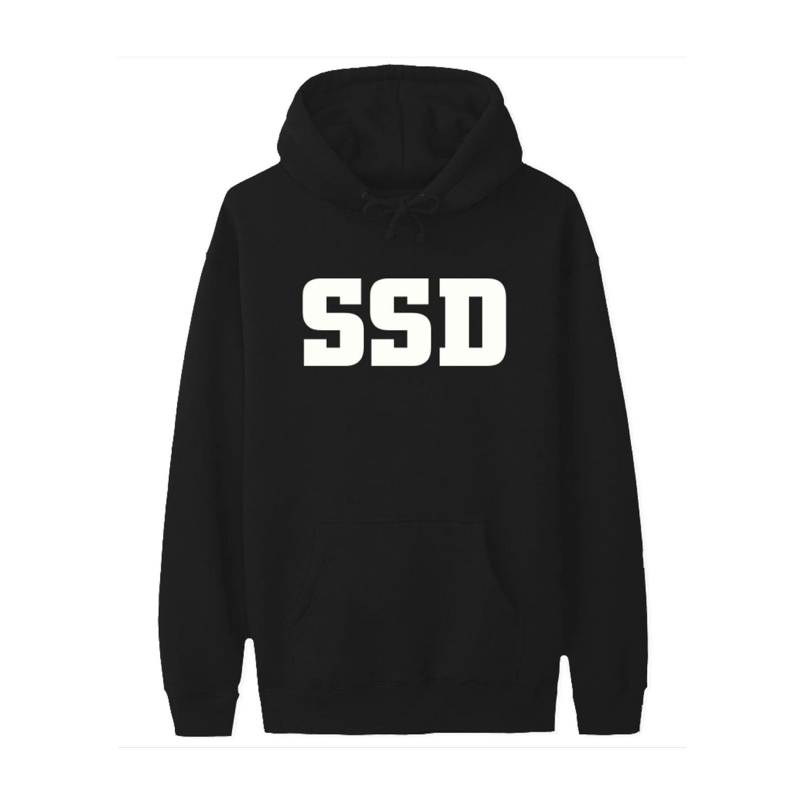 Black hooded sweatshirt from SS Decontrol featuring bold white SSD lettering on the front, with a comfortable fit, front pocket, and adjustable drawstring hood.