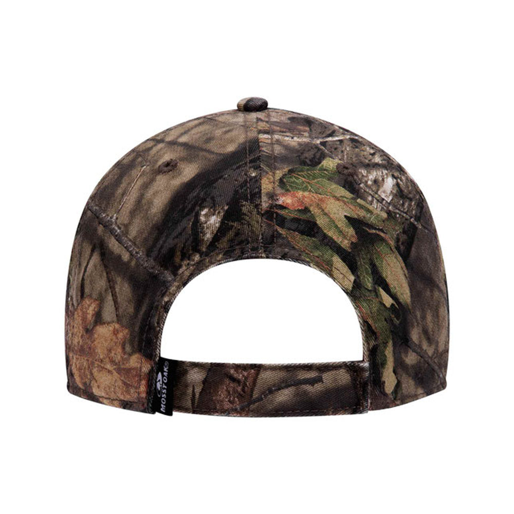 The CRO-MAGS Mossy Oak Camouflage Low Profile Dad Hat features yellow Gothic-style lettering on the front, blending bold style with classic OTTO CAP comfort.