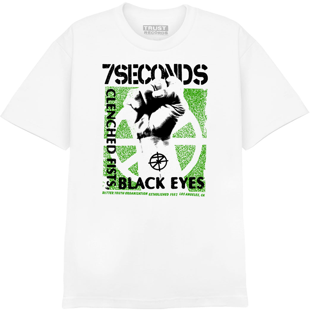 White 7 Seconds Alstyle 1301 T-shirt with a black and green clenched fist graphic, “7SECONDS,” “CLENCHED FISTS… BLACK EYES,” and small Better Youth Organization Los Angeles, CA details. Silkscreened on 100% cotton.