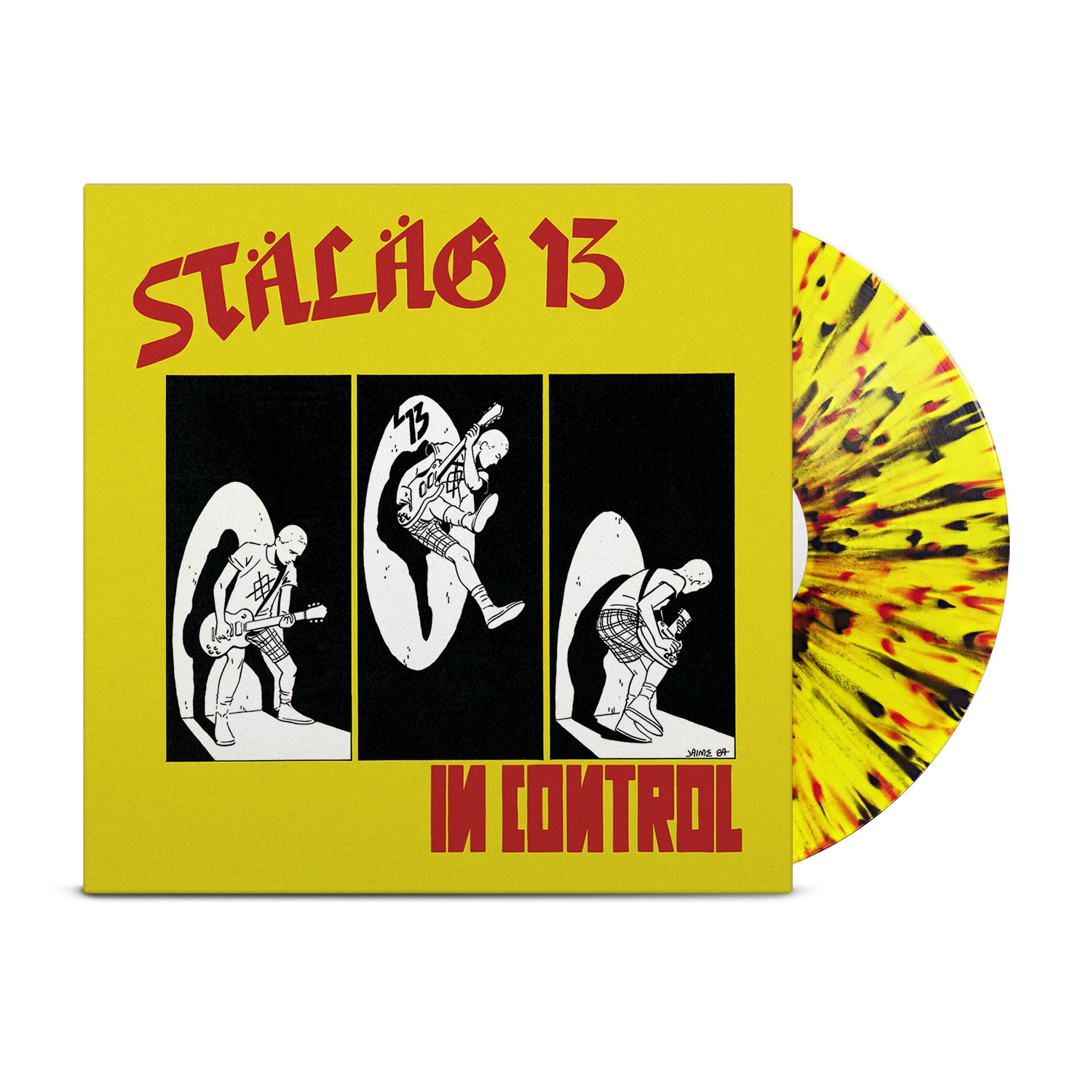 A yellow splatter vinyl from Stalag 13 partially matches its yellow cover, which shows STÄLÄG 13 and IN CONTROL in bold red. Three comic-style skeletons—playing guitar, jumping, and running—are also illustrated on the cover.
