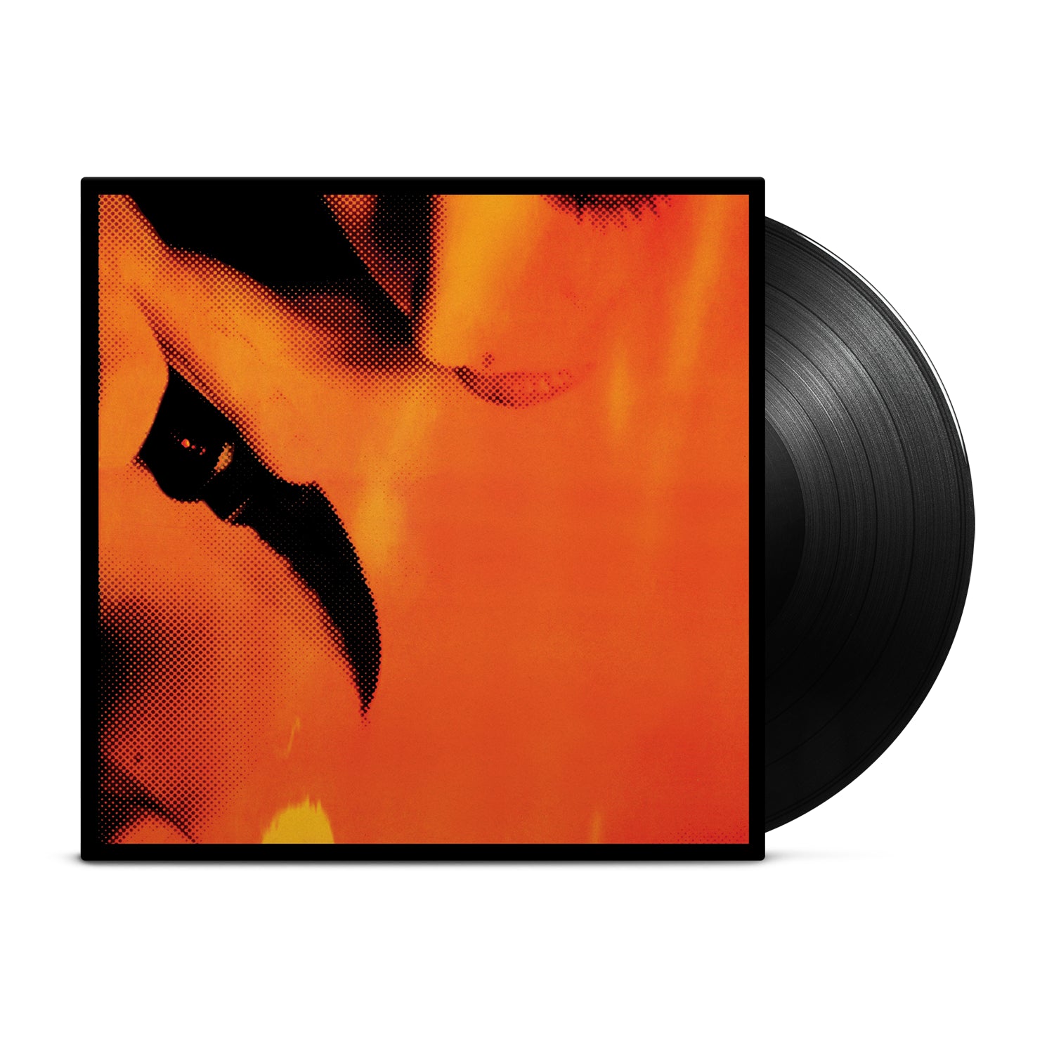 A black Ink & Dagger vinyl record partially slides from a vivid album cover with an abstract, close-up orange and black image of two faces nearly touching on a white background.