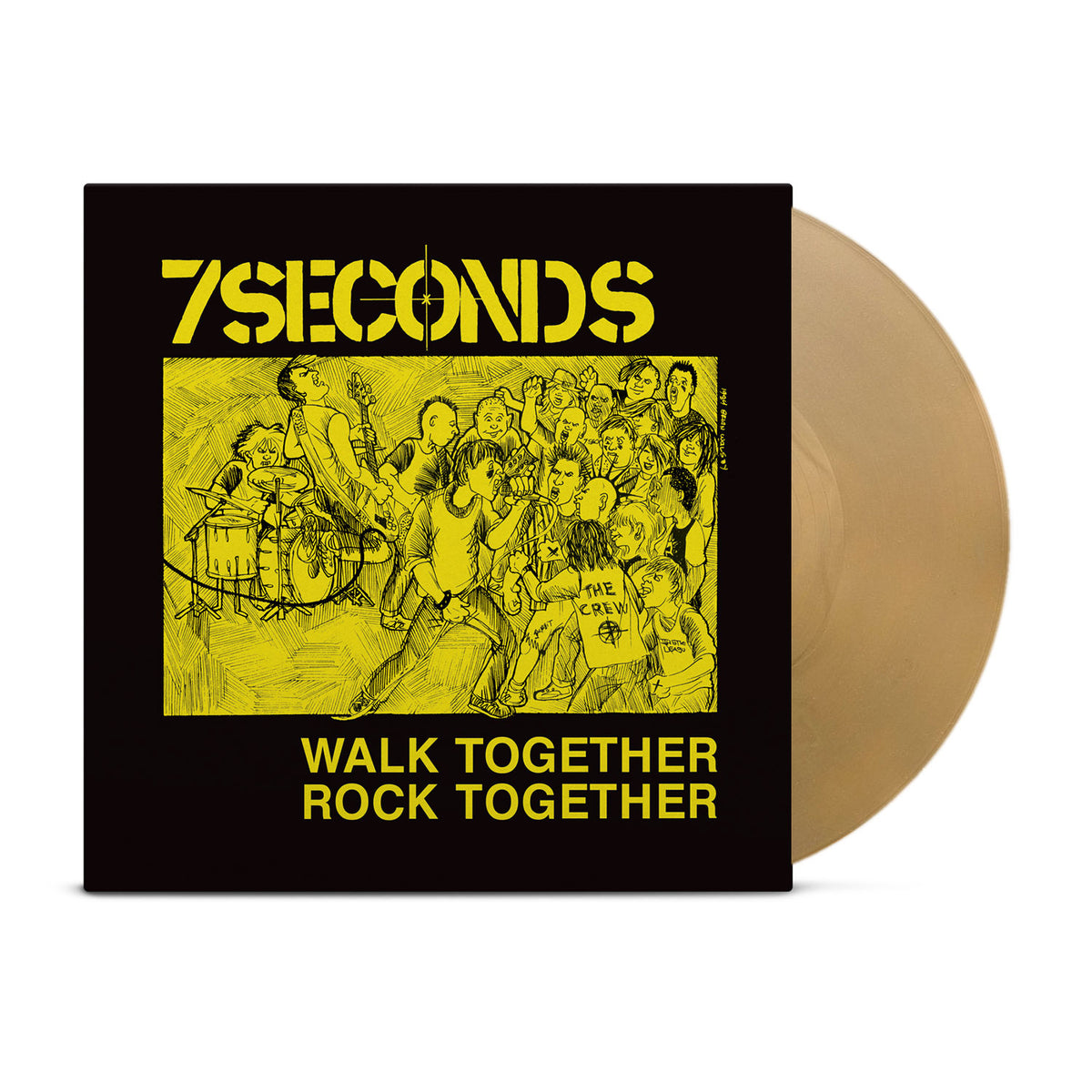 A remastered gold vinyl record partially slides from a black deluxe gatefold cover with bold yellow 7 Seconds branding and "WALK TOGETHER ROCK TOGETHER" text, featuring punk band artwork playing to an energetic crowd.