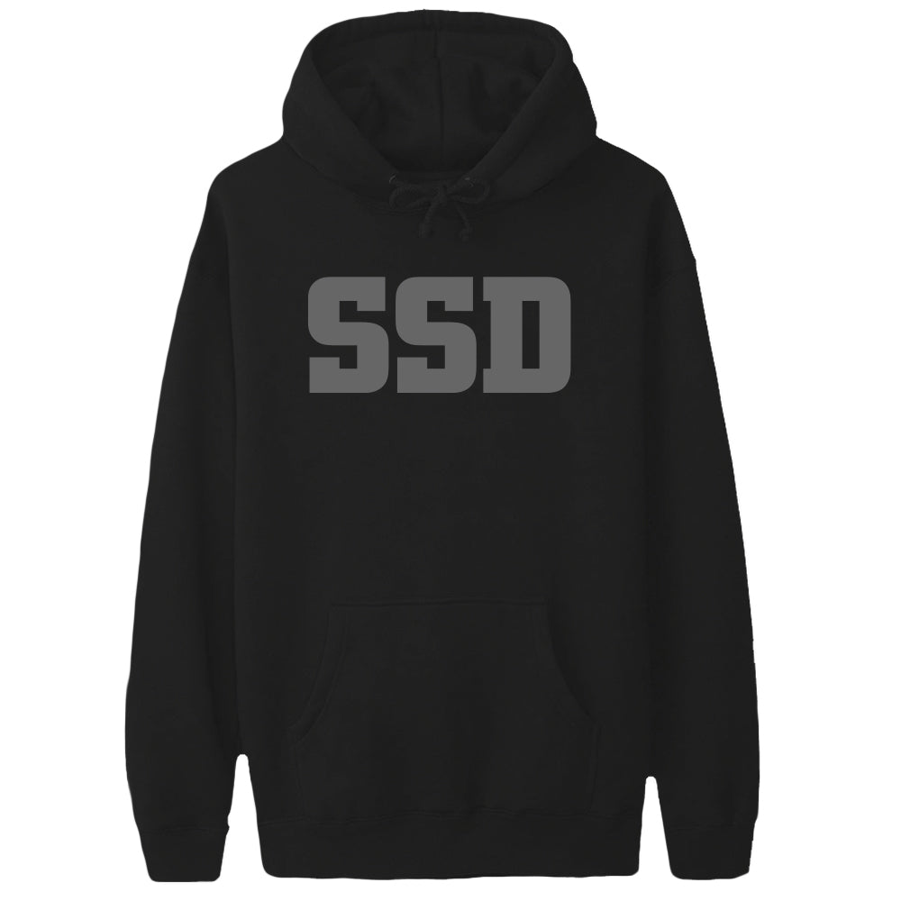 A black SS Decontrol Independent 400 Hooded Sweatshirt featuring a front pocket and large gray SSD lettering silkscreened across the chest.