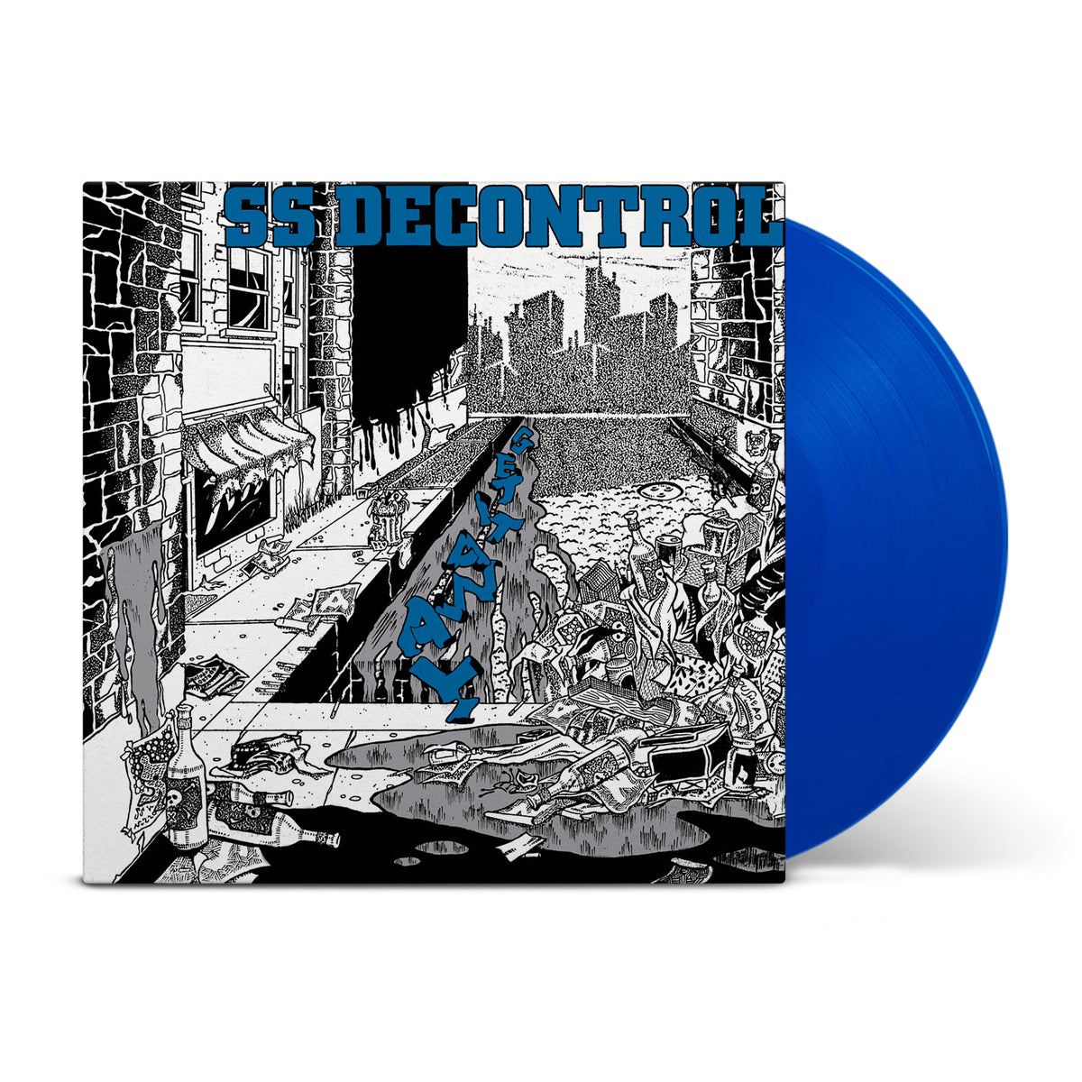The SS Decontrol album, The Kids Will Have Their Say, showcases black-and-white urban artwork depicting a chaotic street scene and debris, paired with a bright blue limited edition vinyl record.