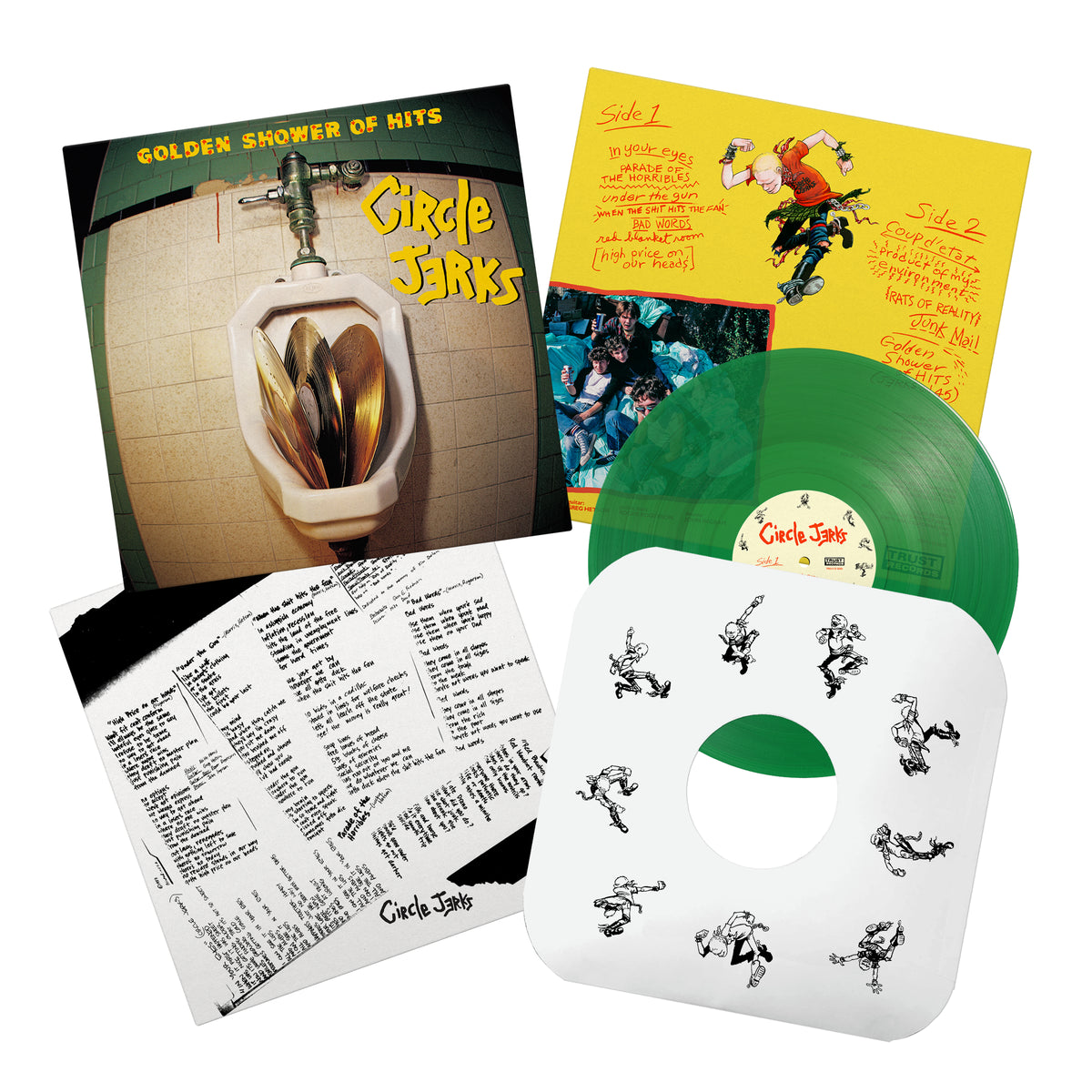 Circle Jerks&#39; Golden Shower of Hits remastered analog vinyl set includes a green variant, urinal-themed cover art with gold record, lyric sheet, illustrated insert, and an album sleeve with dancing figures.