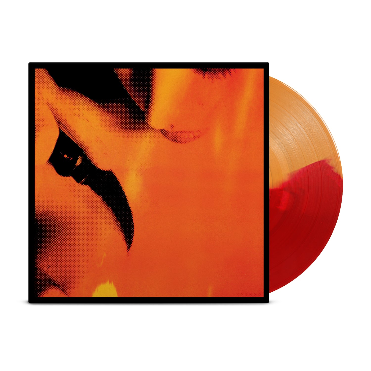 A vibrant orange-yellow blended vinyl from Ink & Dagger, partially pulled from its cover, features a bold abstract face in orange and black tones—ideal for fans of psychedelic soundscapes.