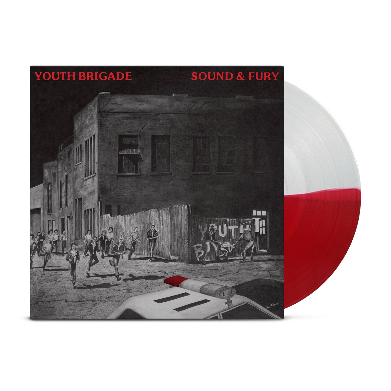 A Red & White Split Vinyl record by Youth Brigade is partially visible behind the Sound & Fury album cover, which shows people running near a police car in front of graffiti-covered buildings at night.