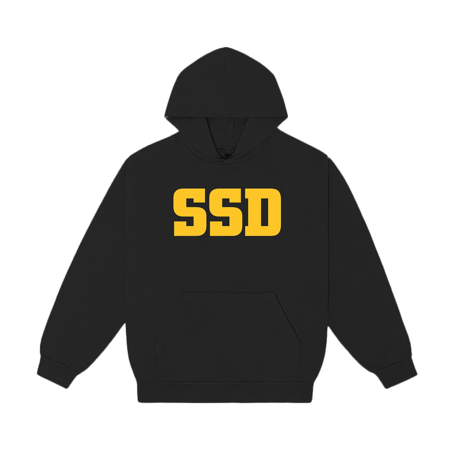 Black hooded sweatshirt by SS Decontrol with bold yellow SSD letters across the chest. Made from comfortable Independent Trading IND420XD fabric, it has a front pocket and long sleeves for a classic look.
