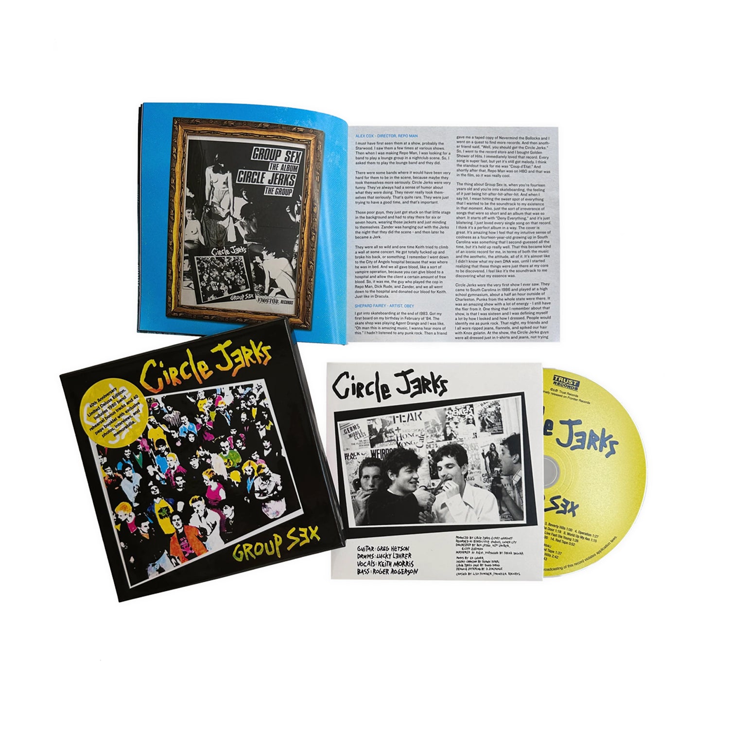 Circle Jerks’ Deluxe Anniversary Edition of the remastered Group Sex punk album features a yellow CD, vivid cartoon-style cover art, and a booklet with black-and-white band photos.
