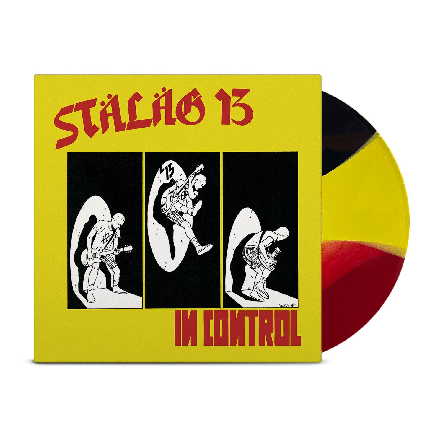 Yellow vinyl record with red and black sections in a matching yellow cover. Special Gatefold Edition by Stalag 13 features cartoon skeletons playing instruments in B&W panels, with “STÄLAG 13” and “IN CONTROL” in red text.