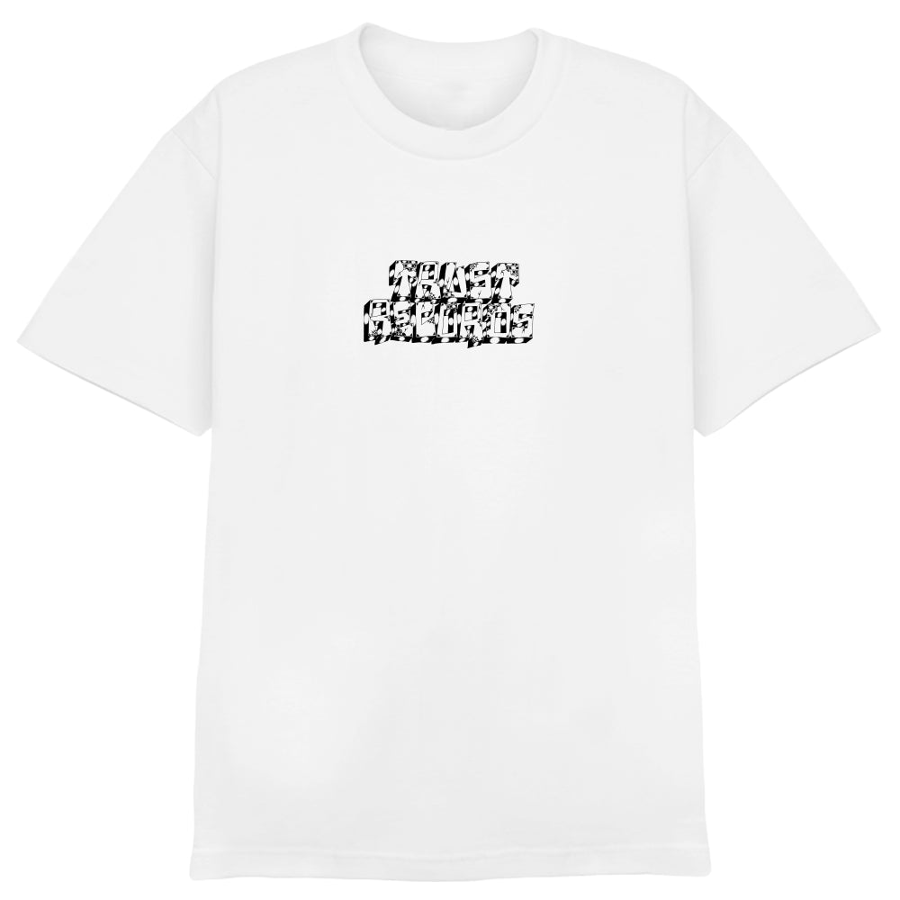 A plain white Trust Records T-shirt with small, bold, black-and-white cow-print-inspired patterned text in hand-done lettering centered on the chest. The style is reminiscent of Jesse Barba’s ballpoint work; the text is not fully legible.