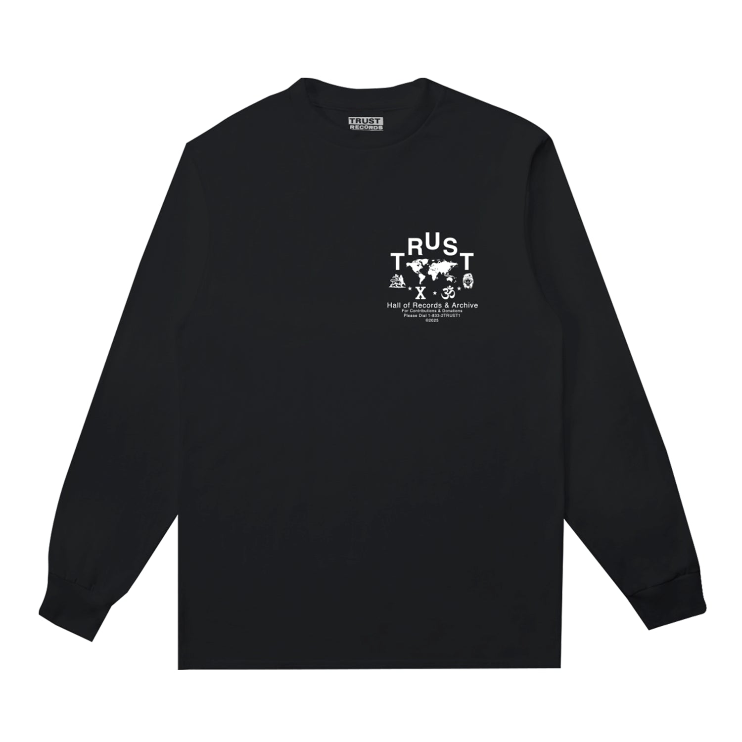 A Black Long Sleeve T-shirt from Trust Records features white text and graphics, including RUST, TRUST, a world map, small symbols, and Hall Of Records on the left chest for an archive-inspired style.