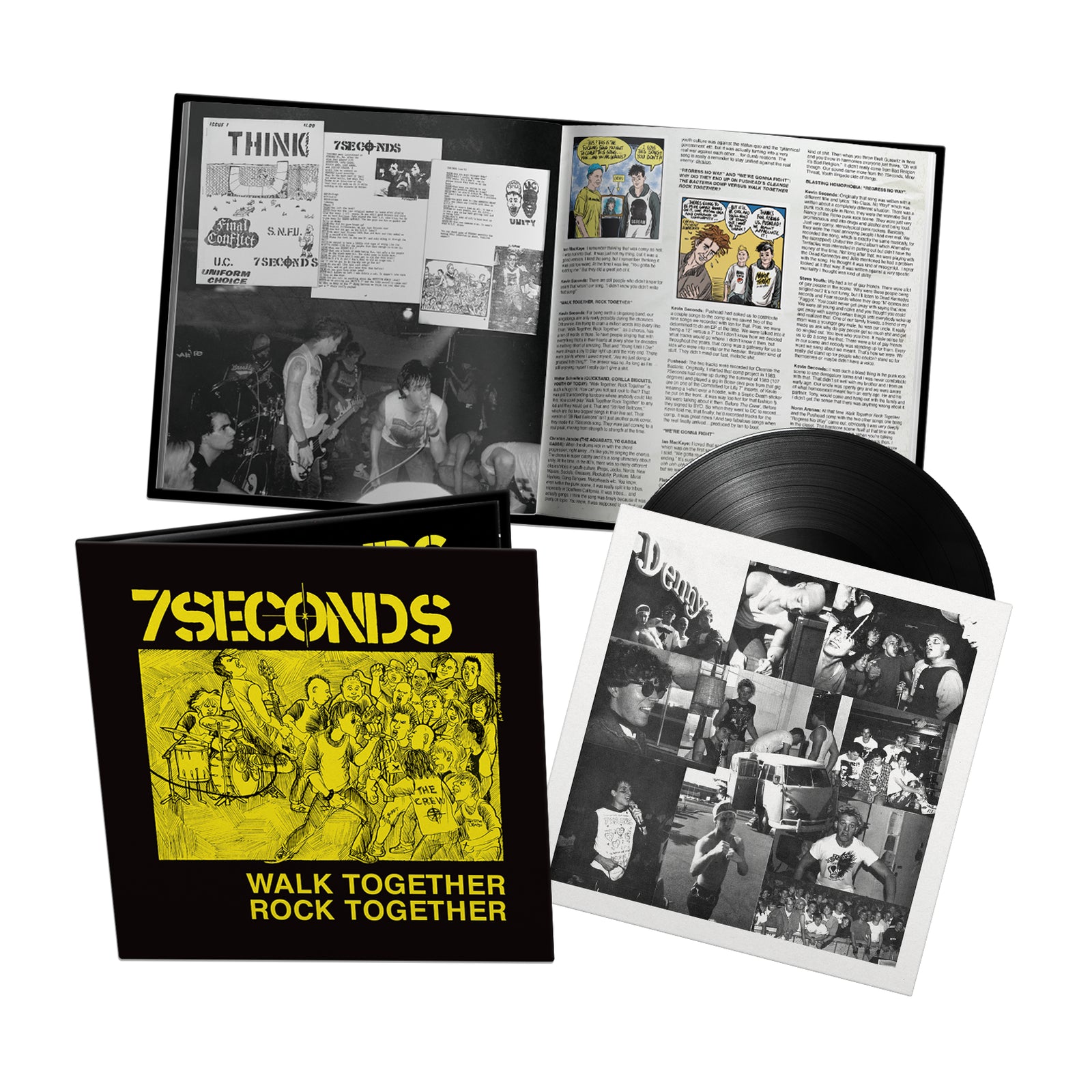 A remastered vinyl of 7 Seconds’ album Walk Together, Rock Together features a yellow illustration of a punk band playing live to an excited crowd, with the brand name and album title in bold yellow text.