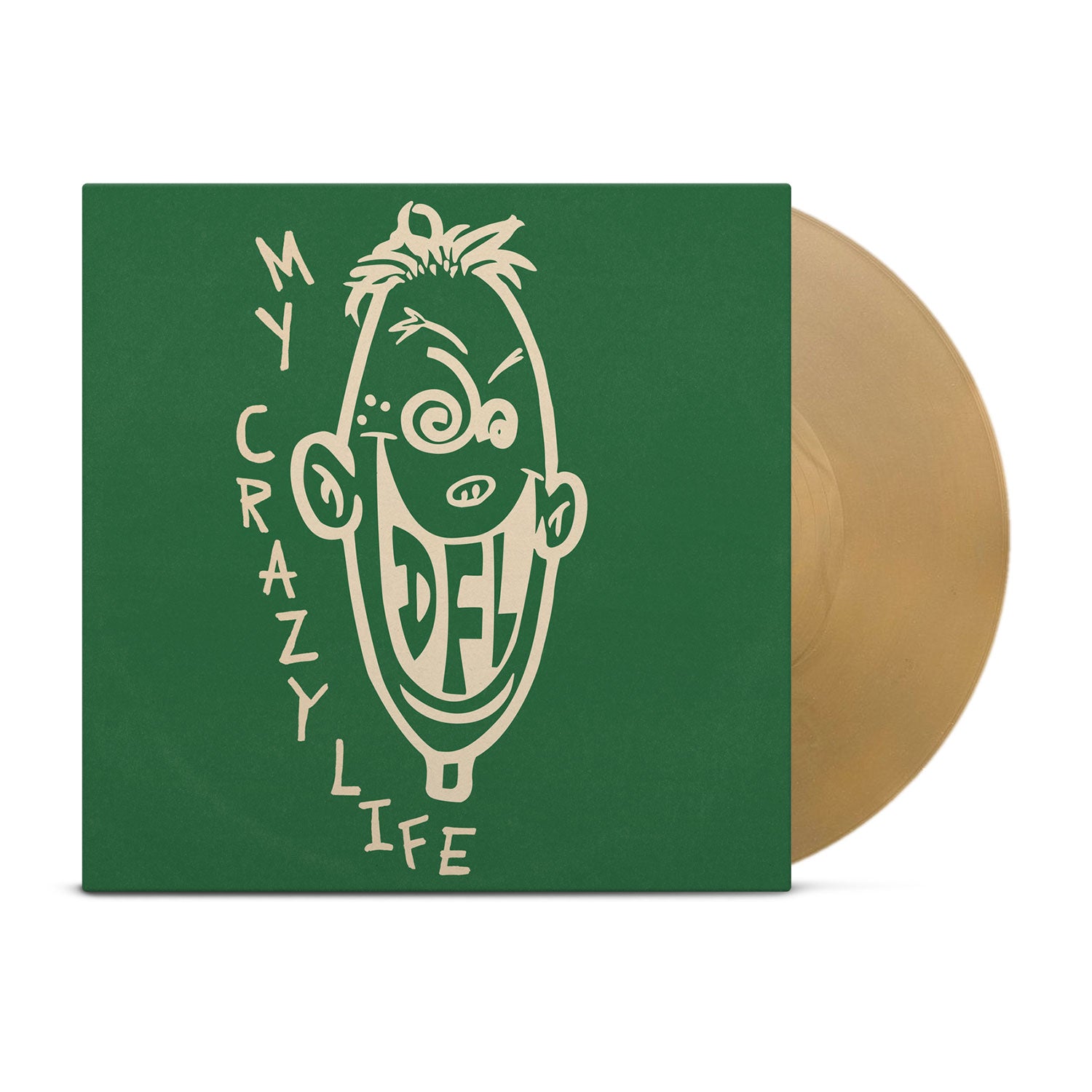A green vinyl record cover for DFL's "My Crazy Life" shows a cartoon face with “DFL” on its mouth and the title in off-white text. A gold vinyl peeks out, released by the brand DFL on Beastie Boys’ Grand Royal Records.
