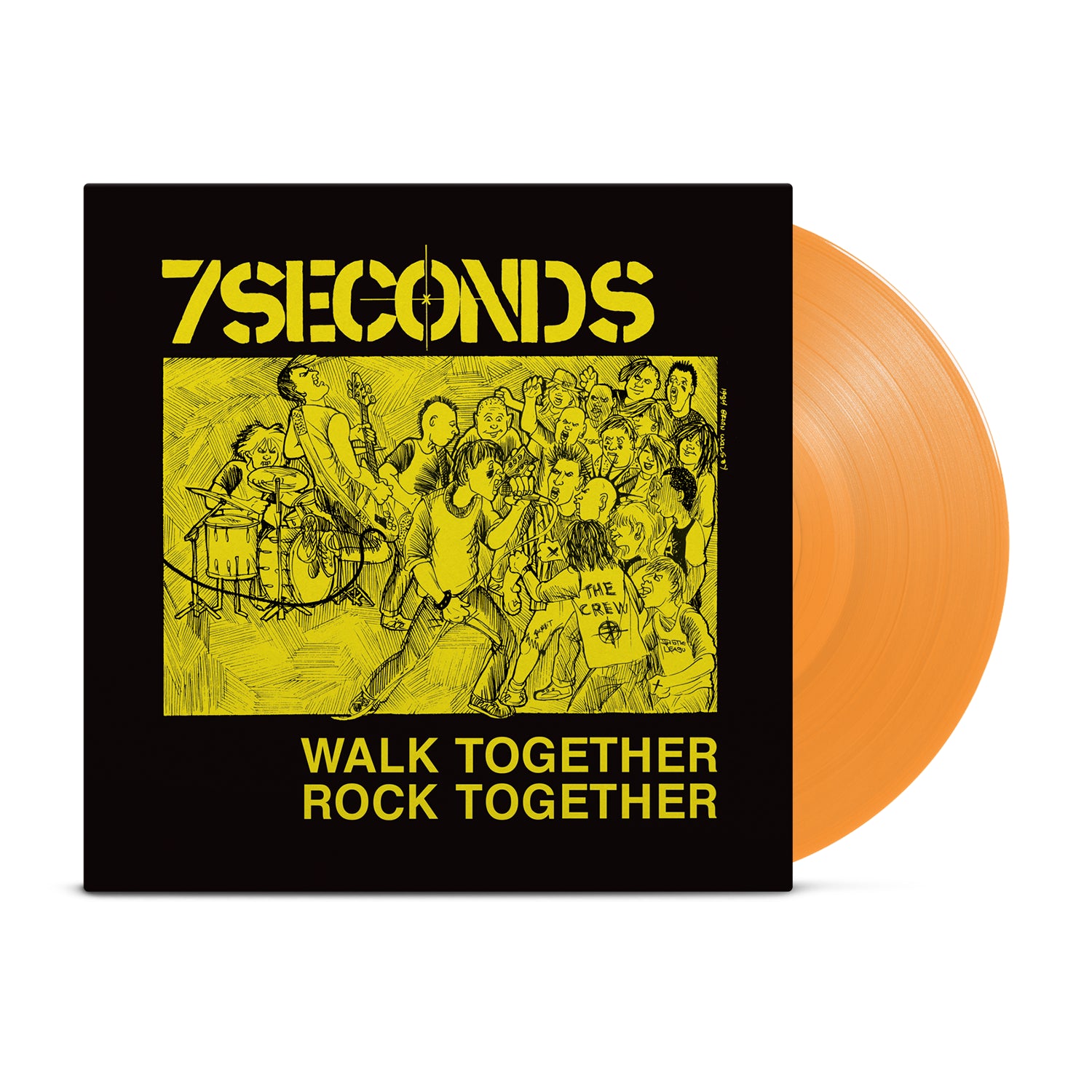 The remastered gatefold edition of Walk Together Rock Together by 7 Seconds features a yellow live band illustration, bold yellow text, and a partially visible orange vinyl record.