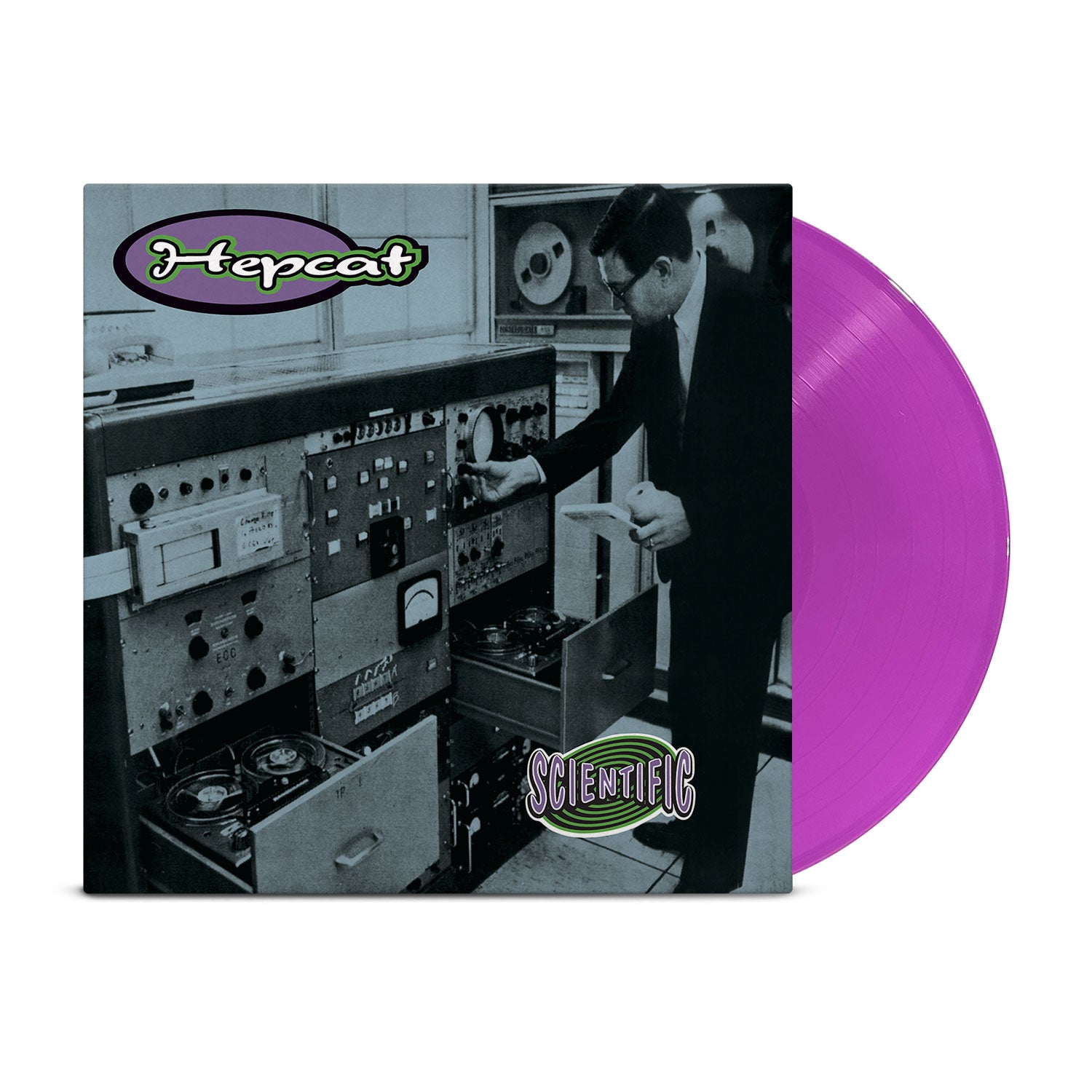 Hepcat album cover features a black-and-white photo of a man with vintage audio gear; the bold purple vinyl hints at the unique tracklist behind this striking Hepcat release.
