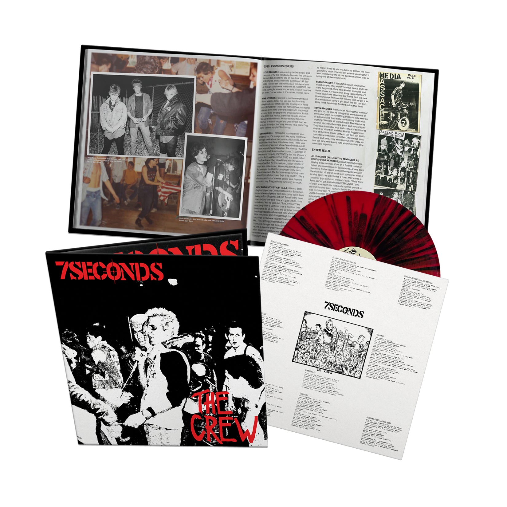 The 7 Seconds The Crew Deluxe Gatefold vinyl set includes a red and black splatter LP, lyric sheet, open booklet with photos and text, and an album cover featuring a black-and-white concert photo with red band and title text.