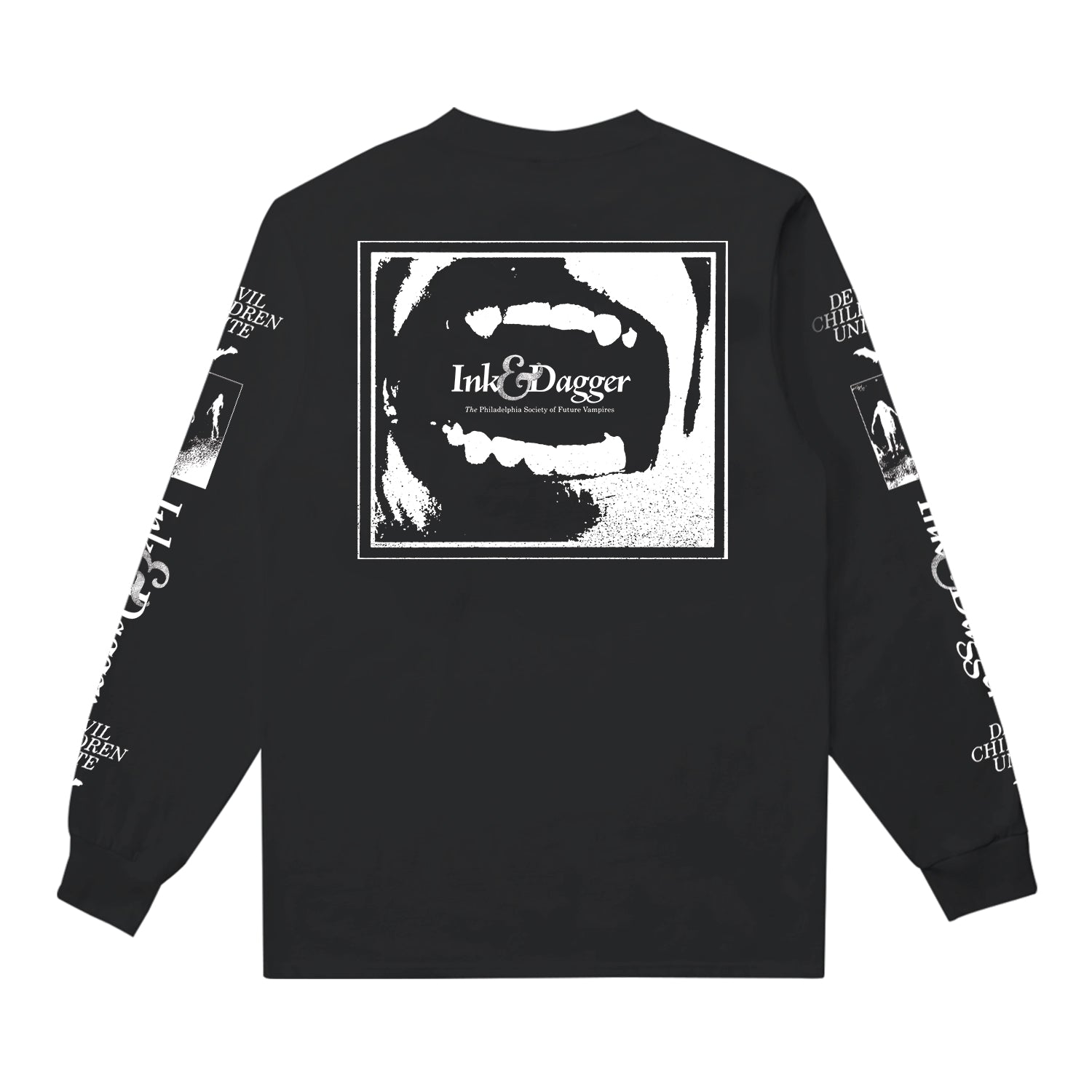 Ink & Dagger black long-sleeve shirt on Comfort Colors features a chest logo, white sleeve graphics with bats, "DEVIL CHILDREN UNITE" text, and stylized images. This is a presale; shipping details given at checkout.