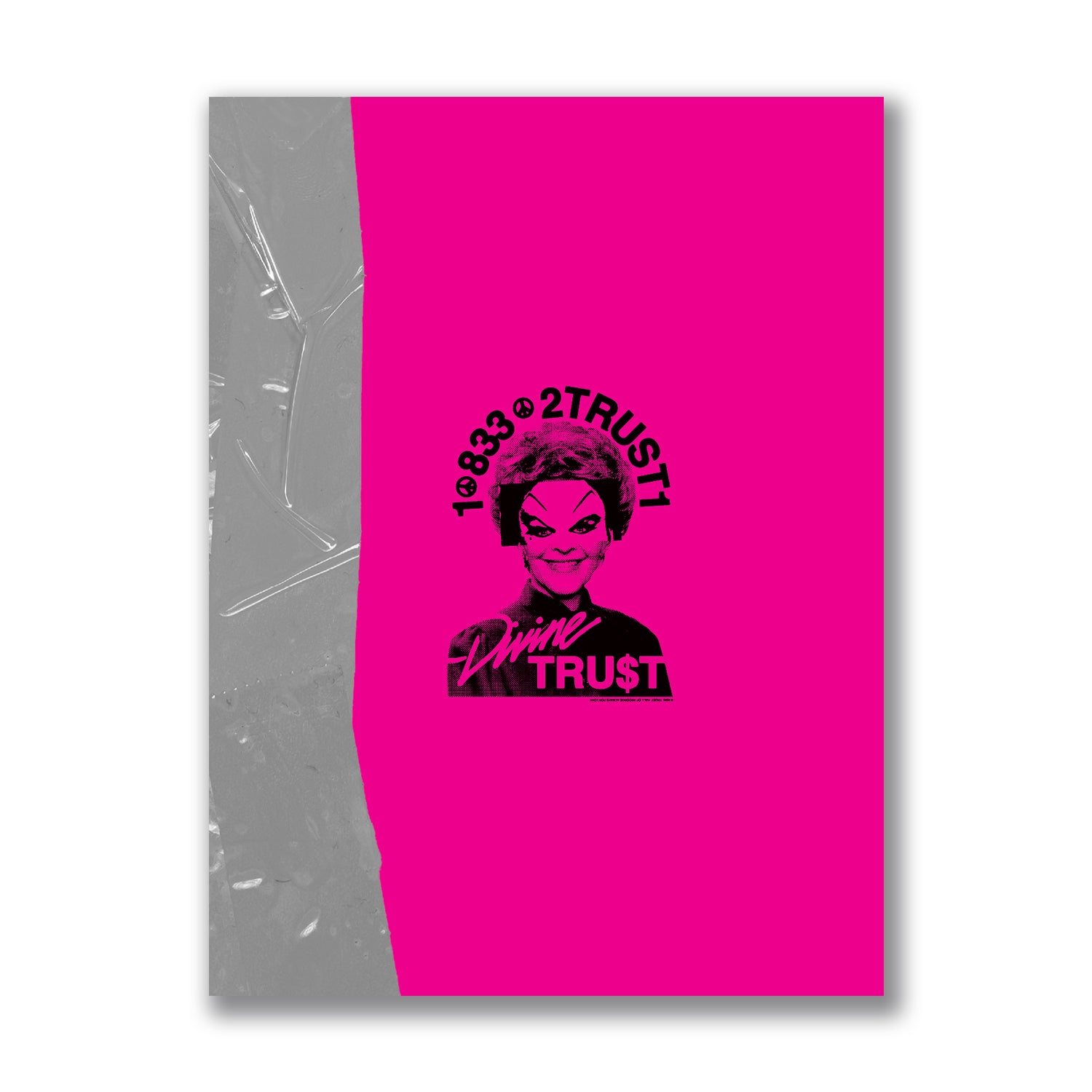 A bright pink Trust Records poster on 80lb uncoated paper features a black stencil illustration labeled “Divine TRUST,” the number “1-833-2TRUST1” above, and a silver metallic edge. Perfect for contributors to Issue 4.
