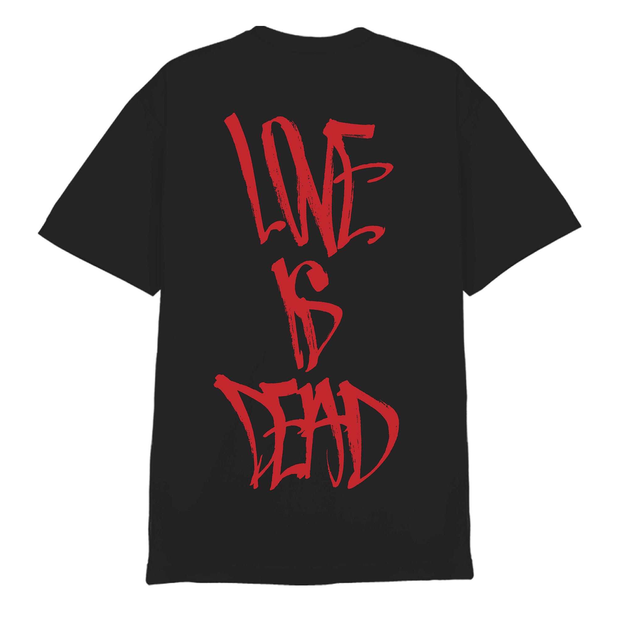 Ink & Dagger black T-shirt on Comfort Colors features large bold red graffiti-style LOVE IS DEAD text on the back by MAG. Available now for presale.