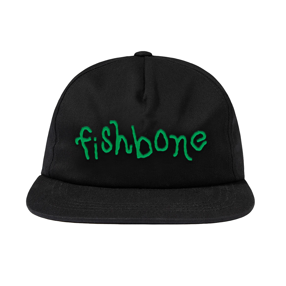 The Fishbone black adjustable cap features "fishbone" embroidered in wavy green letters on the front—a bold logo accessory perfect for any collection.