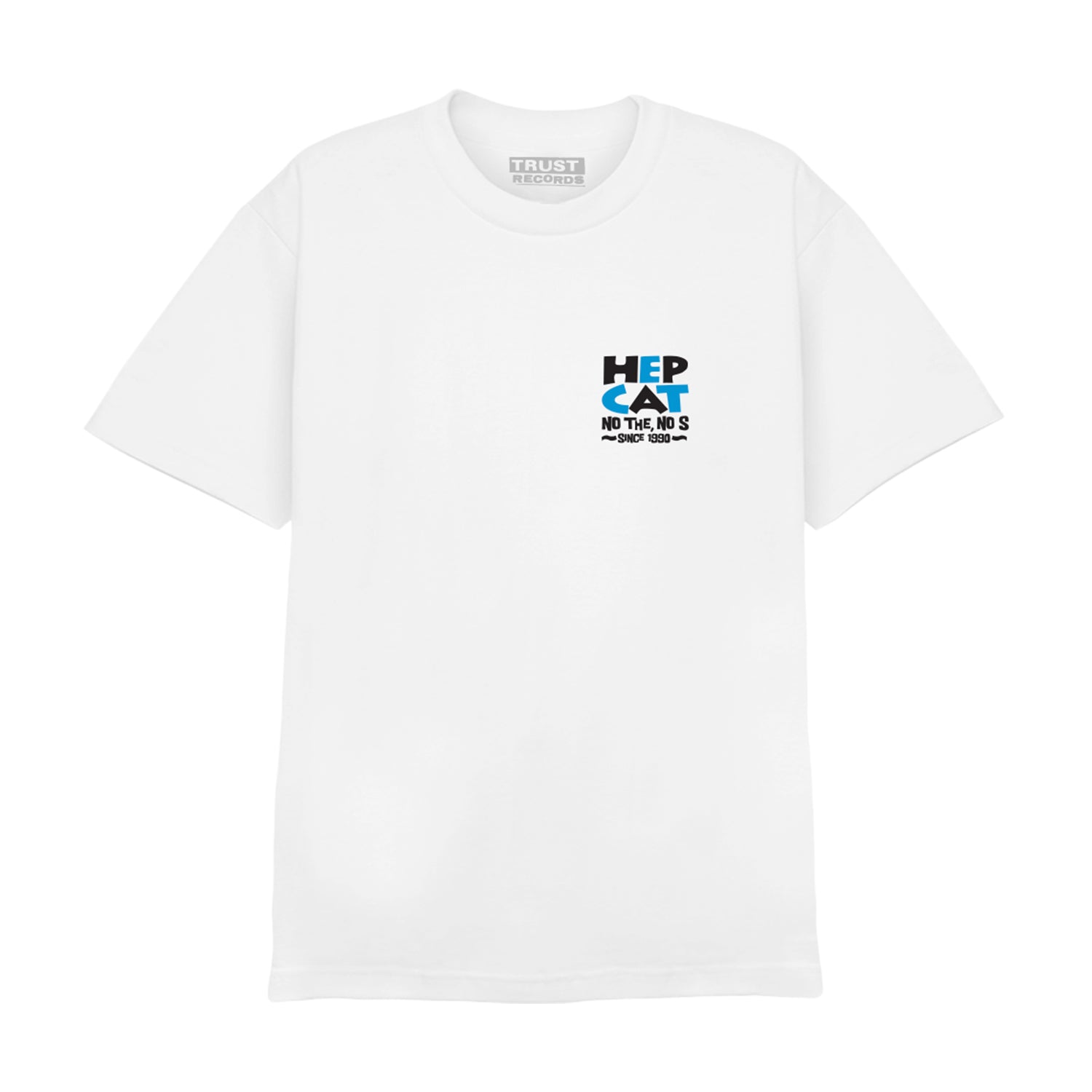 Hepcat white t-shirt made from quality American Apparel, featuring a small blue and black HEP CAT print above “NO-THEN-NO’S TOUR 2024” on the upper left chest.