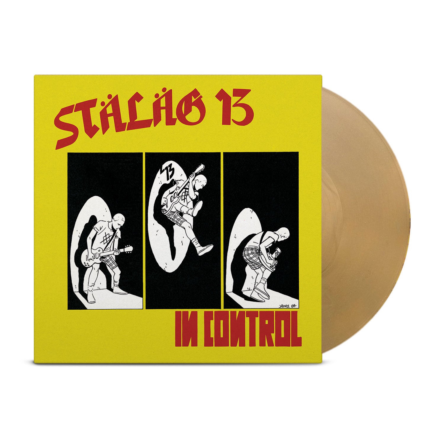 A yellow vinyl record cover with Stalag 13 in red at the top and In Control in black at the bottom, featuring three black-and-white comic-style musician drawings—now available as a Special Gatefold Edition.