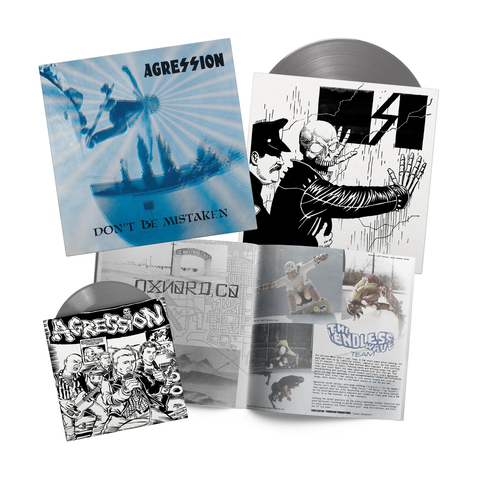 Agression’s Silver Strand Variant includes a vinyl record, CD, and illustrated booklet with blue-hued, comic-style artwork. Remastered from analog tapes, this edition offers outstanding sound and striking visuals.
