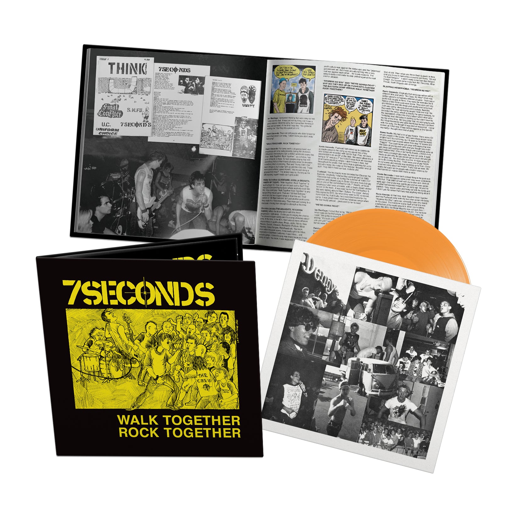The 7 Seconds remastered vinyl set of Walk Together Rock Together features a yellow and black cover, orange vinyl, and a gatefold edition with an open booklet containing band photos, comics, and text.