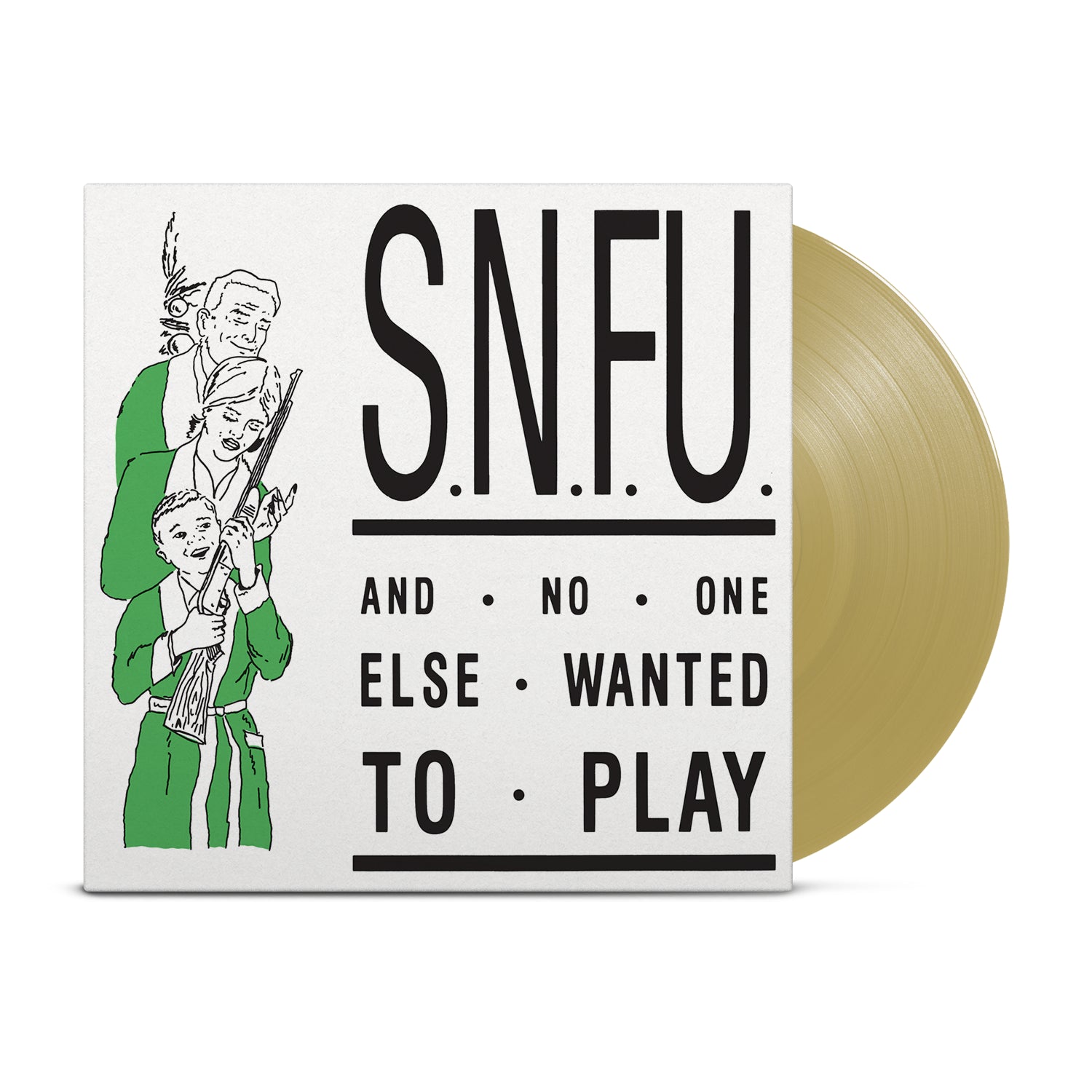 The SNFU limited edition deluxe box set of "And No One Else Wanted to Play" includes two gold vinyl records, album cover art, a hardcover photo book, and a booklet with band illustrations and text.