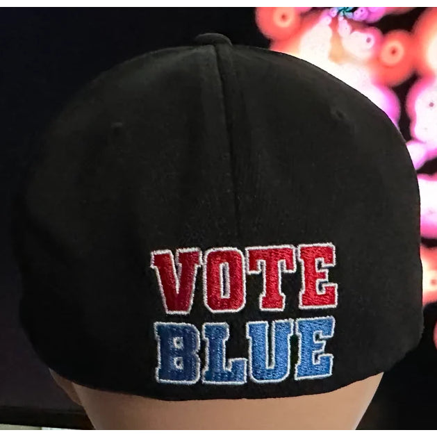A black SS Decontrol Take Back the Flag Hat featuring “SSD” in an American flag design, with Cool & Dry and Flexfit stickers on the bill, displayed against a vibrant blurred background. Save Democracy—Vote Blue!.