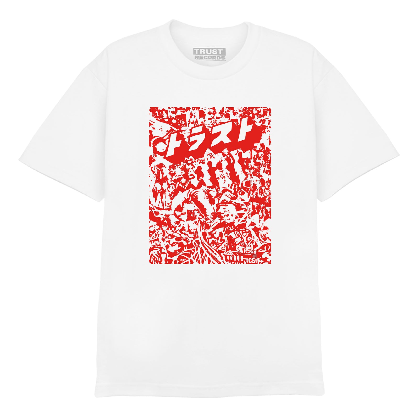 White T-shirt from Trust Records featuring a rectangular red graphic with Japanese characters above an abstract crowd scene on the front—a standout option for fans of unique printed apparel.