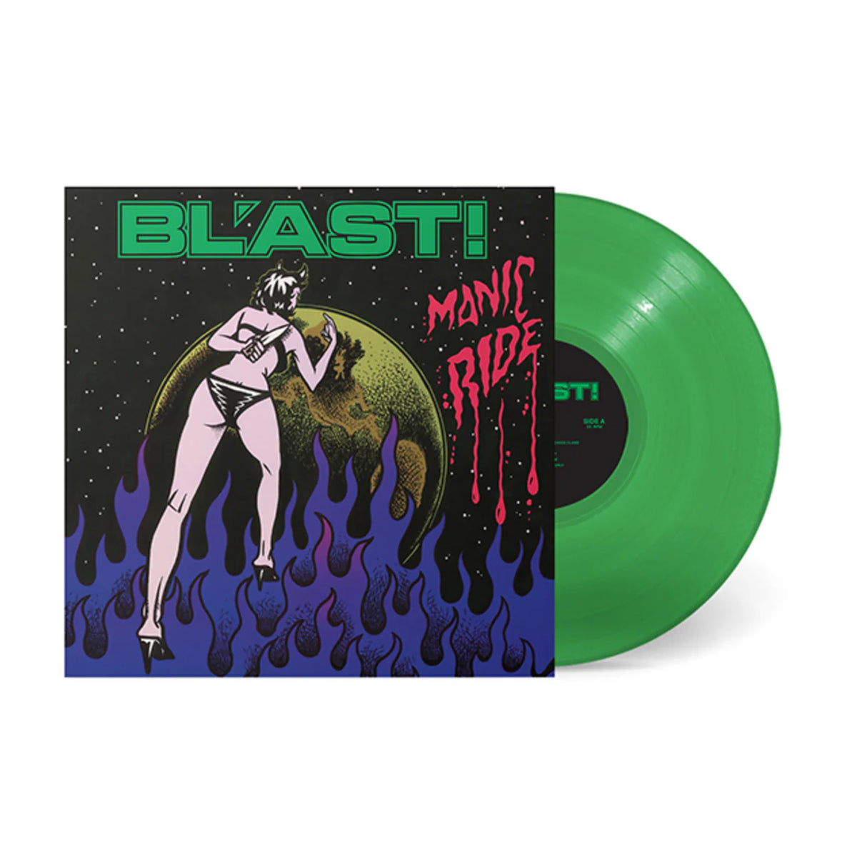 A green vinyl record from BL'AST! is partially in its sleeve, showing a comic-style person in white on purple flames with a planet behind. The bold cover reads "BL’AST! Manic Ride.