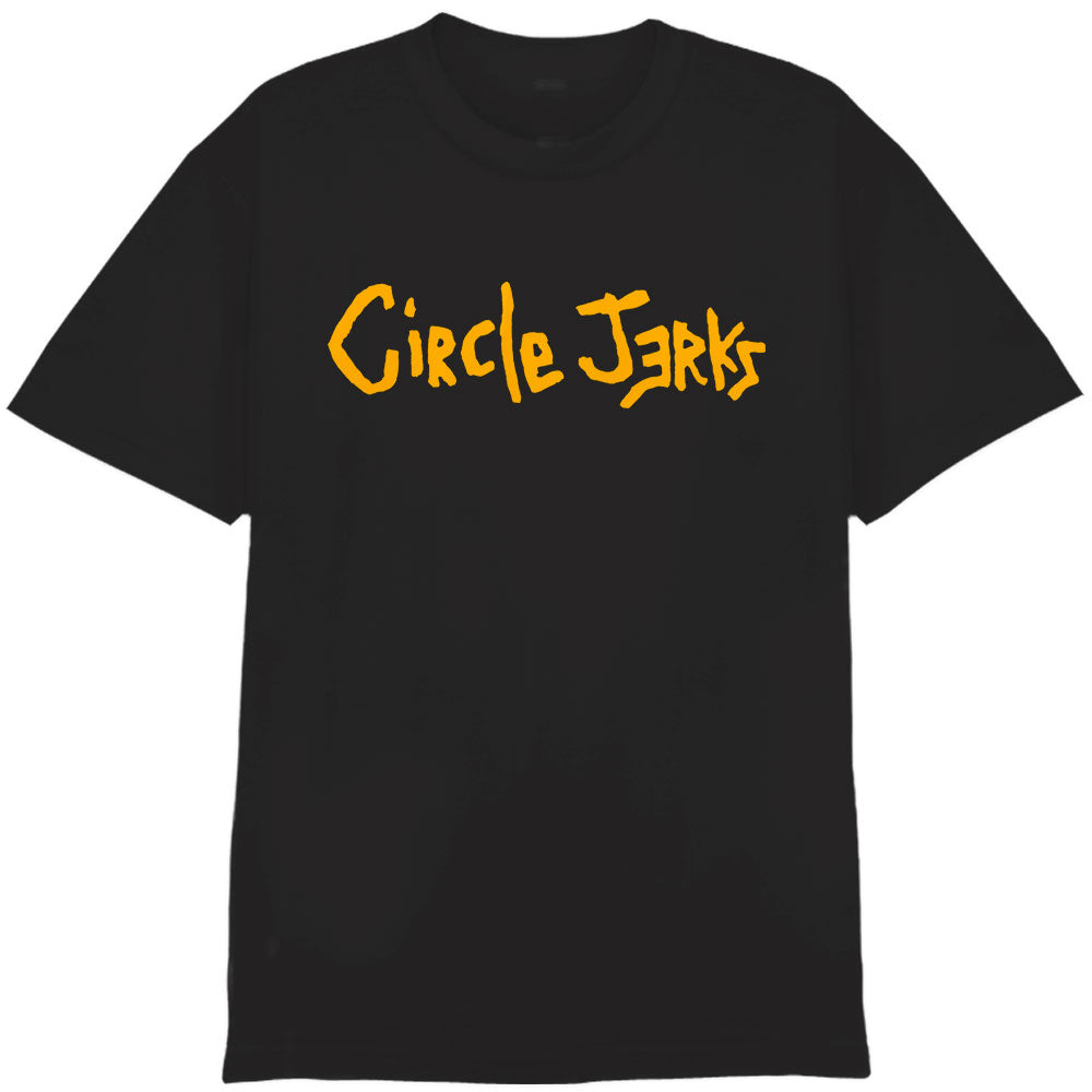 Black Circle Jerks T-shirt featuring yellow, handwritten-style "Circle Jerks" text across the chest.