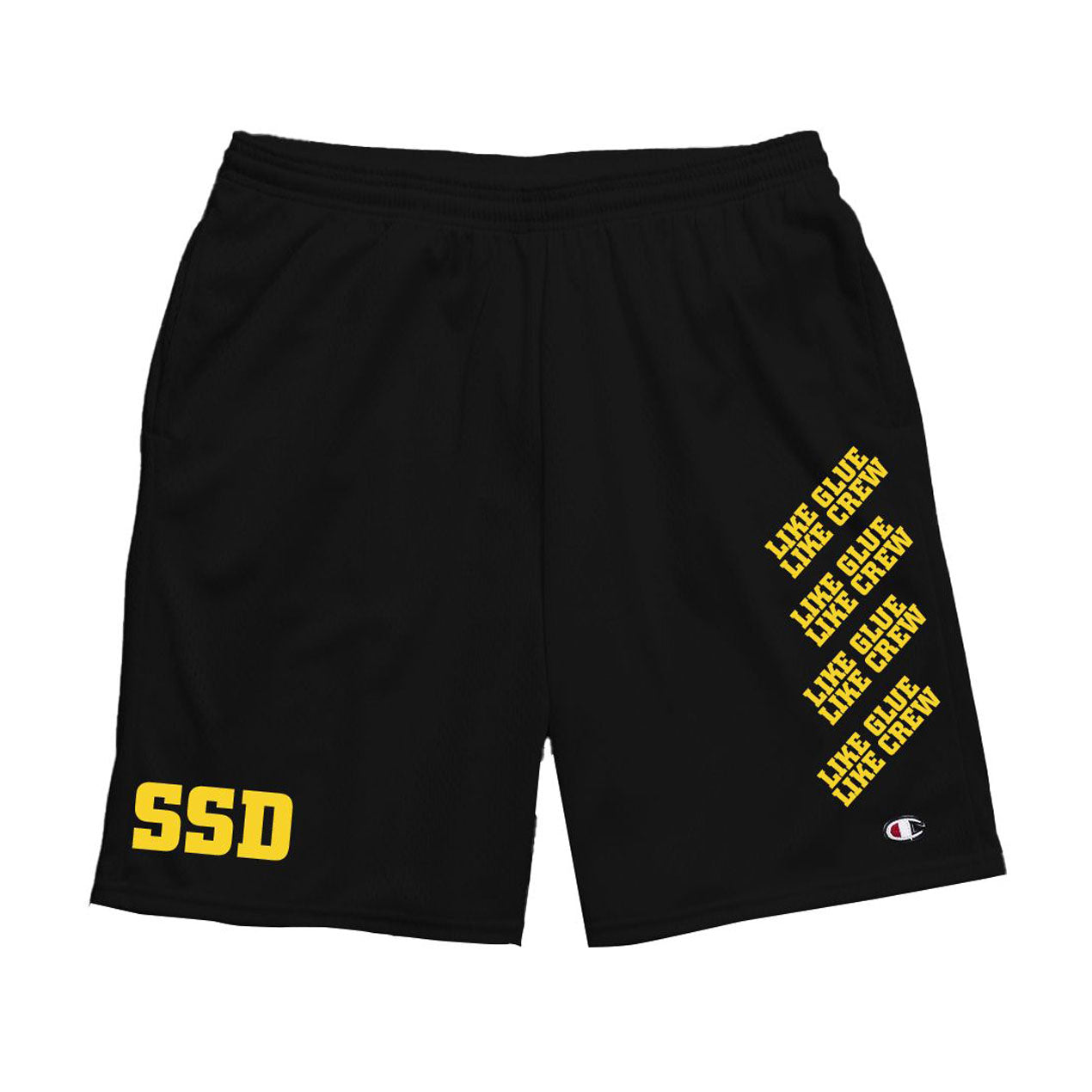 SS Decontrol black shorts with SSD in bold yellow on the left leg and LIKE OLIVE! LIKE GRANNY! repeated on the right. Made from Champion cotton, they include a small logo and handy pockets.