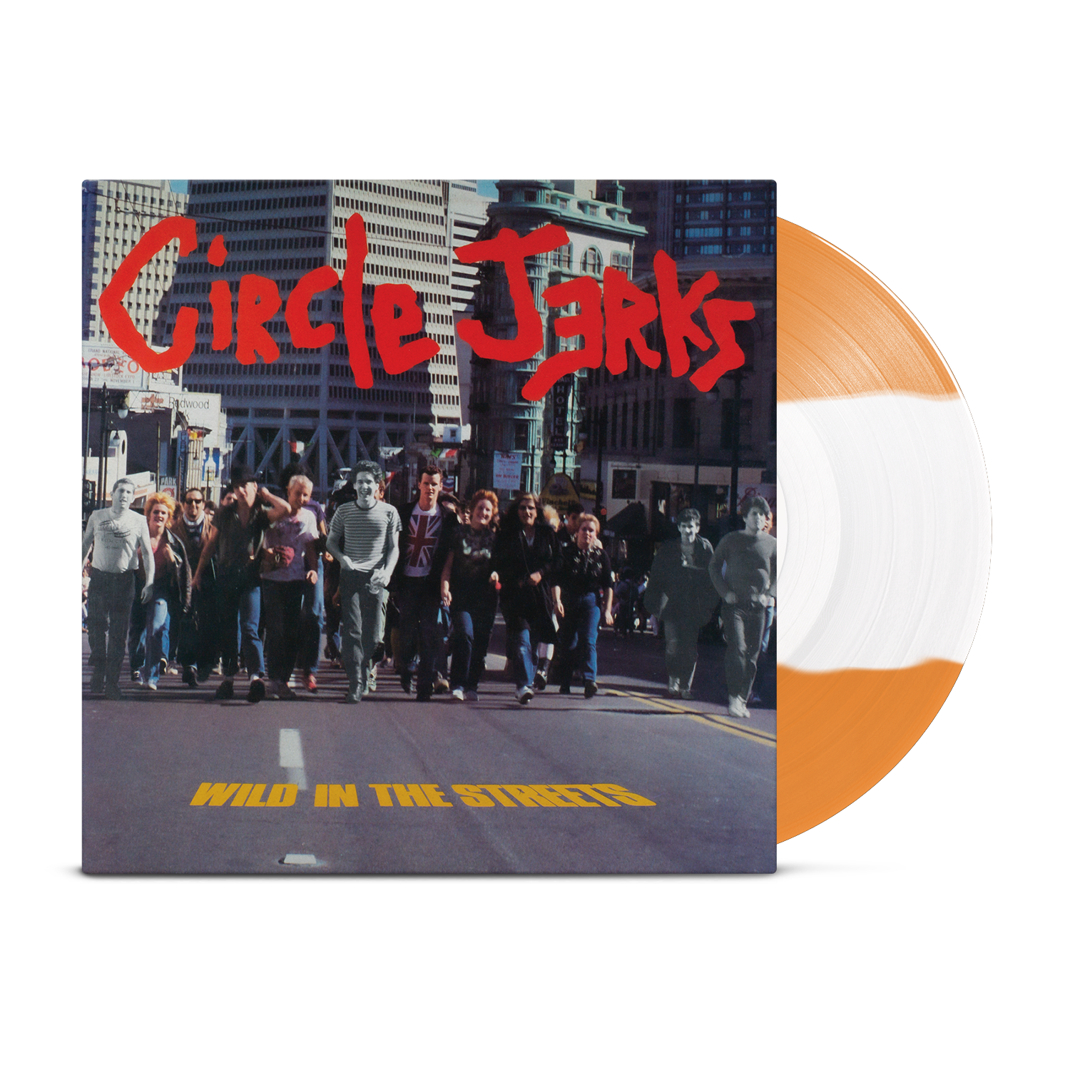 Circle Jerks Wild in the Streets Deluxe Anniversary Edition features a city street cover and a half-orange, half-white split color record.