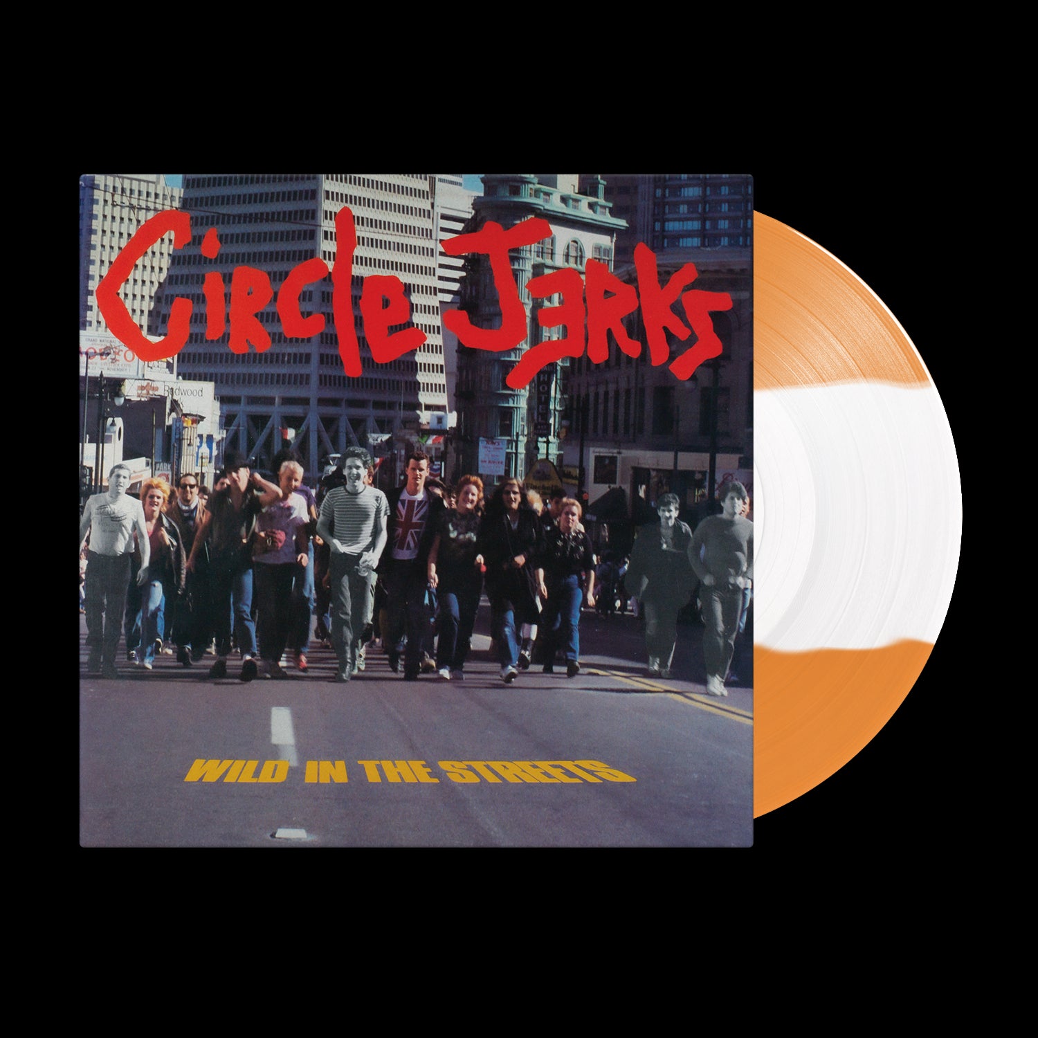 Circle Jerks Wild in the Streets Deluxe Anniversary Edition features a city street cover and a half-orange, half-white split color record.