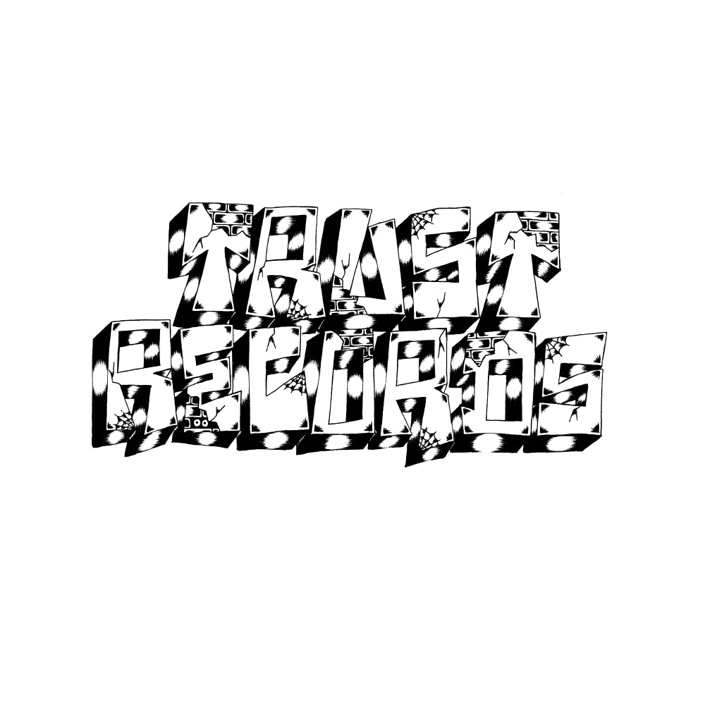 Bold, 3D block letters spell “Trust Records” in black and white, filled with dots and abstract shapes. Hand-drawn by Jesse Barba, the graffiti-like lettering evokes urban ballpoint pen sketches. Brand: Trust Records.