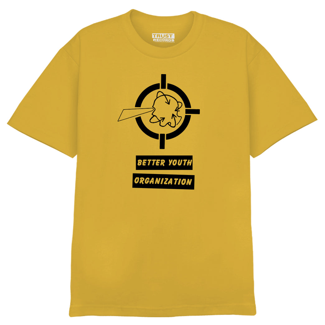 Yellow Better Youth Organization 1301 t-shirt features a black silkscreened bullseye target over a stylized head and BETTER YOUTH ORGANIZATION in bold, uppercase letters inside black rectangles. Made from 100% cotton for comfort.