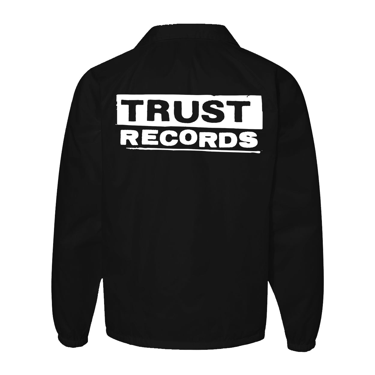 A black Trust Records windbreaker with bold white capital letters across the back, partially enclosed in a white rectangle—a standout logo jacket for striking style.