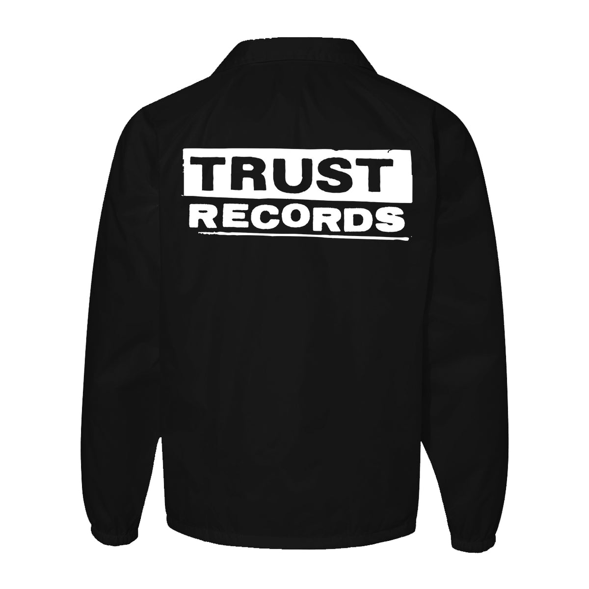 A black Trust Records windbreaker with bold white capital letters across the back, partially enclosed in a white rectangle—a standout logo jacket for striking style.