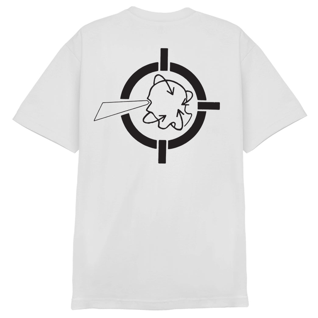 Better Youth Organization white cotton T-shirt with a large black target, cartoon-style cloud, and arrow graphic silkscreened on the back.